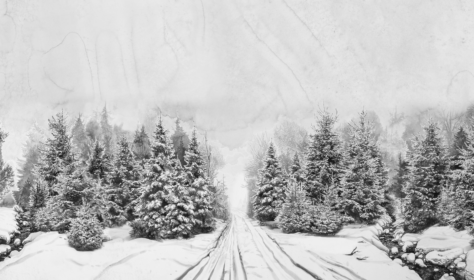 Hans Op de Beeck, Snow Landscape, 2019 aquarelle sur papier représentant un paysage sous la neige, une route bordée d'une forêt de sapins, exposition Silence & Résonance, Musée de Flandre, Cassel, France, 2023, Boombartstic Art Magazine, Bruxelles