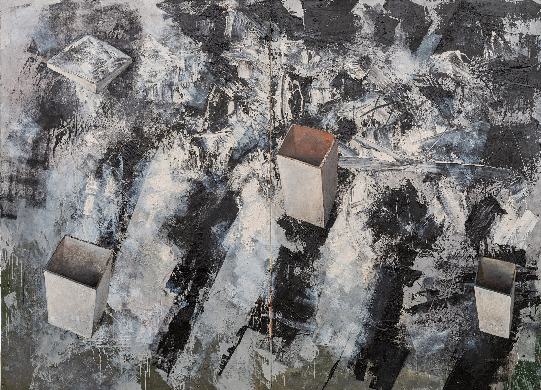 Christoph M. Gais, sans titre 00780, 1989, huile sur toile, 220 x 300 cm, exposition Image Worlds from 1990 until Today, 2023, MKM Museum Küppersmühle for Modern Art, Duisburg, Allemagne, Collection Ströher, (c) Christoph M. Gais, (c) photo Henning Krause, Boombartstic Art Magazine