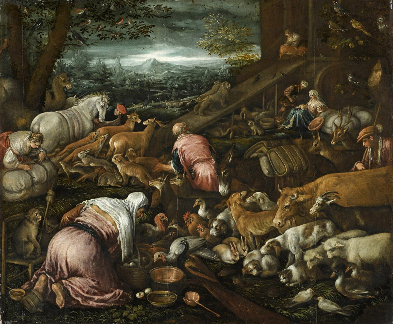 Leandro dal Ponte, dit Leandro Bassano, L'Entrée des Animaux dans l'Arche, huile sur bois, vers 1579, collection Musée du Louvre , département des peintures, inv. 428, exposition Exils, musée du Louvre-Lens, 2024, (c) RMN GP Musée du Louvre, (c) photo Franck Raux, Boombartstic Art Magazine