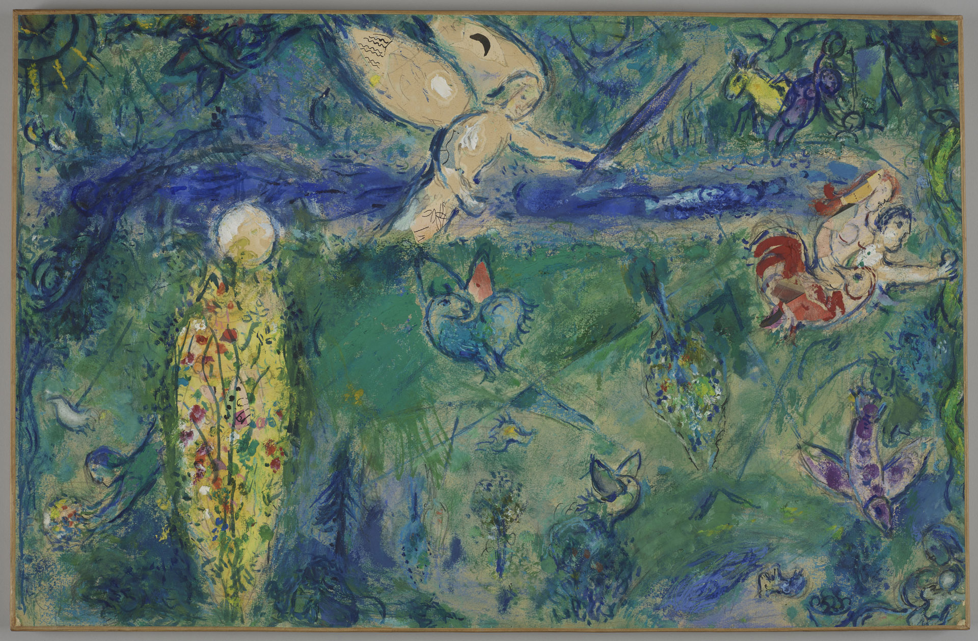 Marc Chagall, esquisse pour Adam et Eve chassés du Paradis, huile sur papier, 1954-1966, collection musée national Marc Chagall, Nice, inv. MBMC94, exposition Exils, musée du Louvre-Lens, 2024, (c) ADAGP, Paris, 2024, (c) RMN Grand Palais, (c) photo Stéphane Maréchalle, Boombartstic Art Magazine