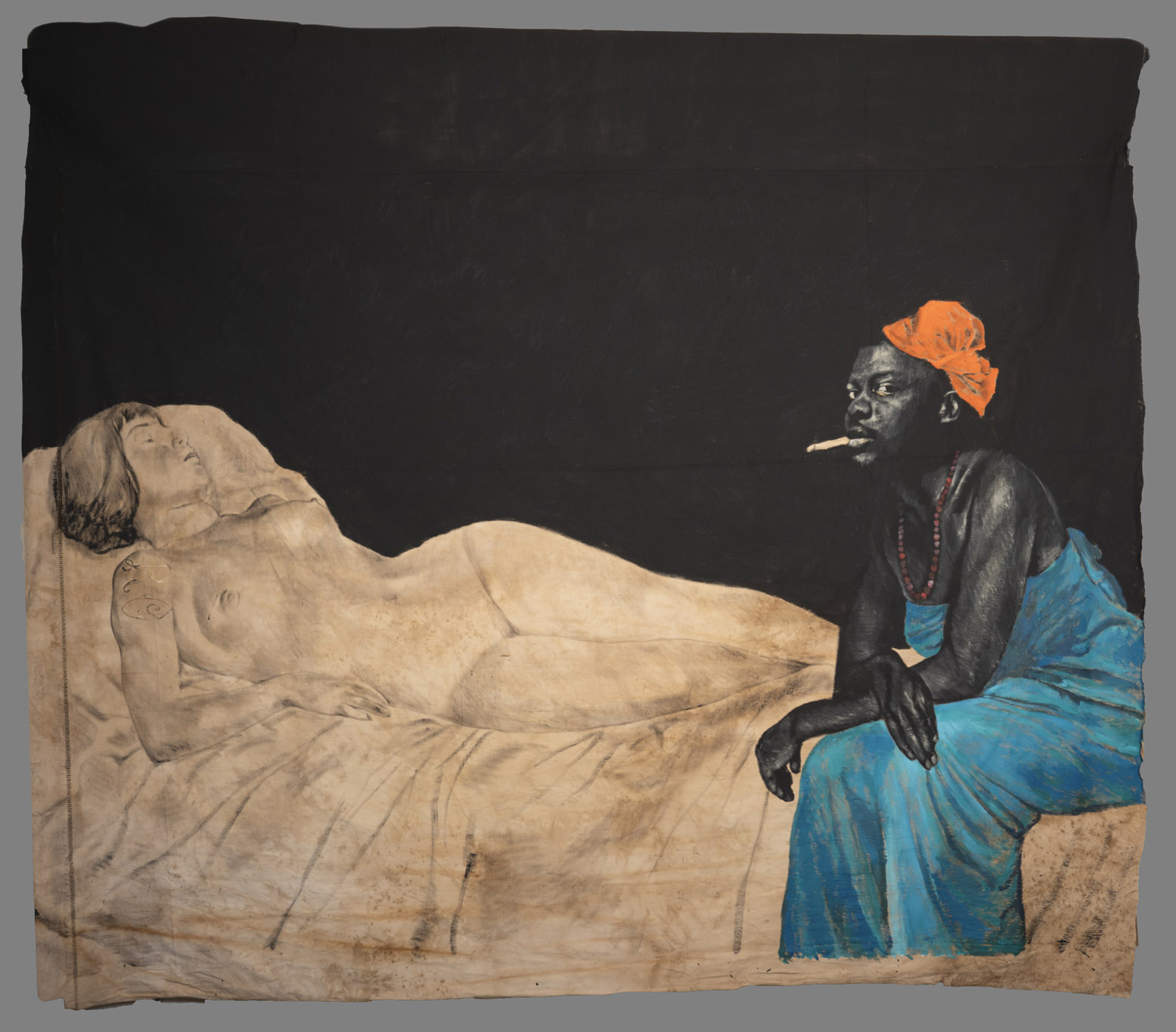 Roméo Mivekannin (b.1986, Bouaké, Côte d'Ivoire), Le modèle noir, d'après Félix Vallotton , 2019, Acrylique sur tissu, exposition When We See Us, BOZAR, Bruxelles, 2025