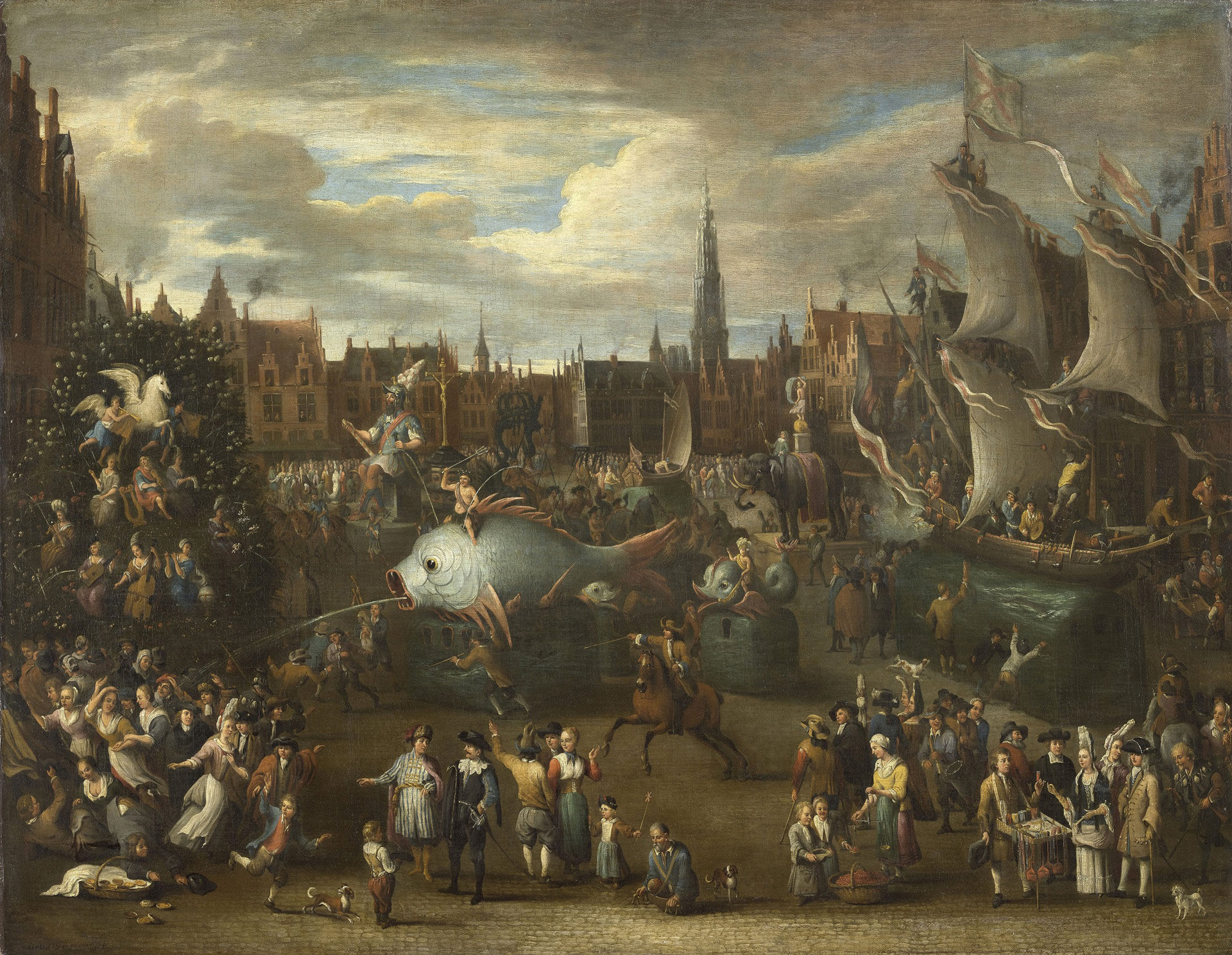 Alexander van Bredael, Ommegang avec le géant Druon Antigone sur le Meir, 1697, collections Musée de l'Hospice Comtesse, Lille, exposition Fêtes et Célébrations flamandes au 17ème siècle, Palais des beaux-Arts, Lille, 2025, Festival Fiesta, (c) photo GrandPalaisRmn, Stéphane Maréchalle, Boombartstic Art Magazine