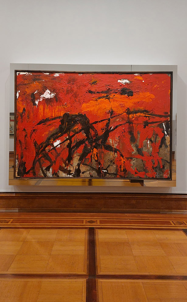 vue de l'exposition 21 x21 die Ruhrkunstmuseen, Villa Hügel, Essen Allemagne, 2025, Emil Schumacher, Pinatubo, 1992, huile sur bois, 170 x 250 cm, collections Emil Schumacher Museum, Hagen, (c) VG Bild-Kunst, Bonn 2025, (c) photo Eric Mabille, Boombartstic Art Magazine