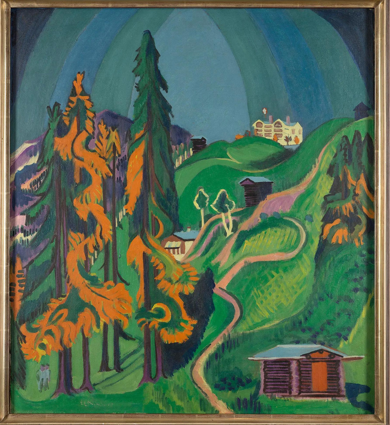 Ernst Ludwig Kirchner, Paysage d'automne près de Davos , 1936, huile sur toile, 122 x 112,5 x 7,5 cm, collections Kunstmuseum Gelsenkirchen, exposition 21 x 21 die Ruhrkunstmuseen, Villa Hügel, Essen, Allemagne, 2025, (c) et (c) photo courtesy Kunstmuseum Gelsenkirchen, Boombartstic Art Magazine