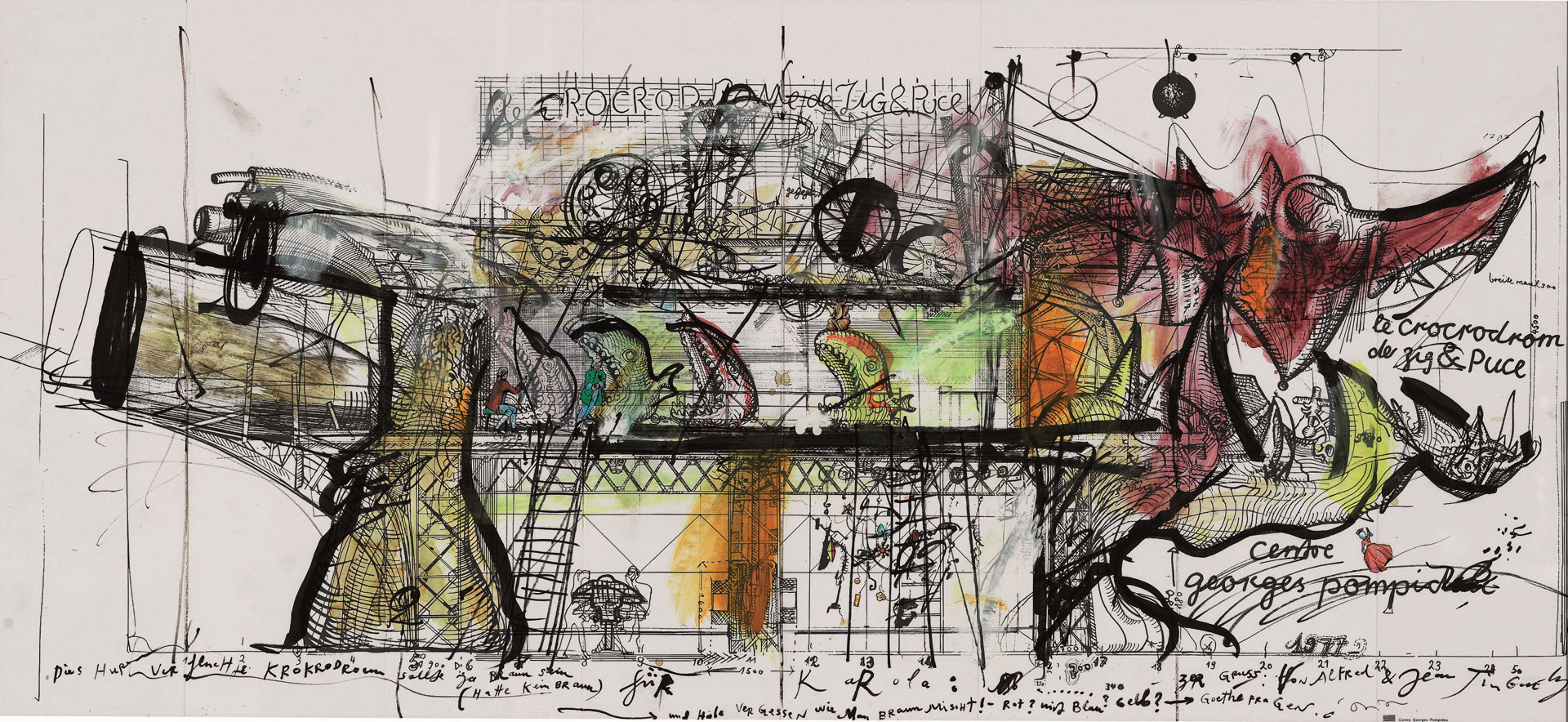 Jean Tinguely et Bernhard Luginbühl, Le Crocrodrome de Zig & Puce, 1977, Flyer d'exposition retravaillé au feutre noir, gouache et collage, 55 x 120 cm, Année Jean Tinguely 100 - Centenaire, (c) 2025 Pro Litteris, Zurich, Museum Tinguely, Bâle, Donation Prof. Dr Roland Bieber en mémoire de Karola Mertz-Bieber, (c) photo courtesy Musée Tinguely, Bâle, Boombartstic Art Magazine