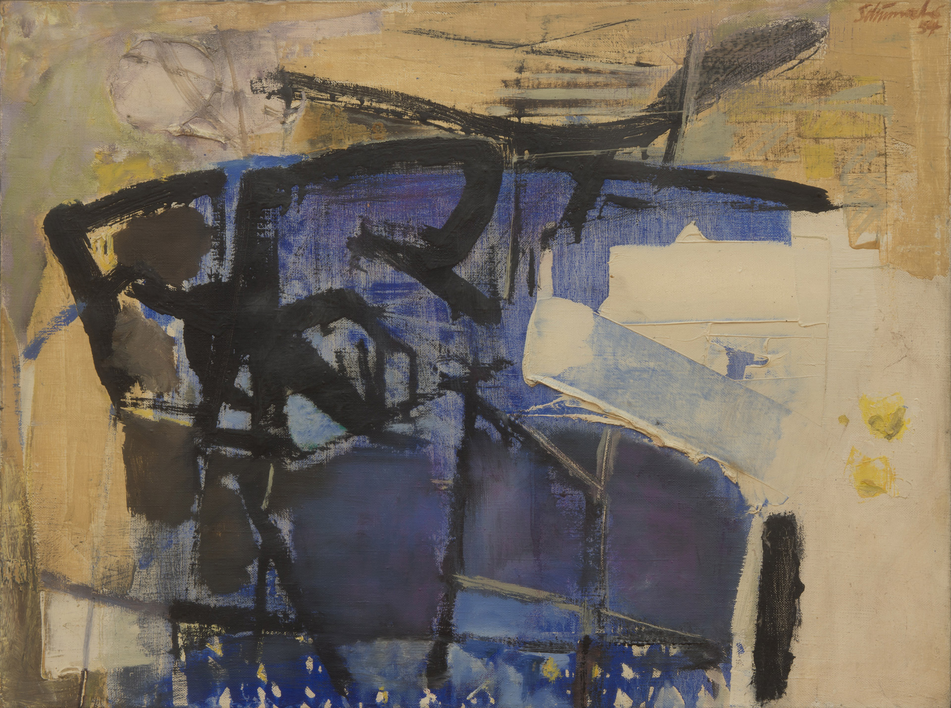 Emil Schumacher, Deux points jaunes à droite, huile sur toile, 60 x 80 cm, exposition Paris 1955, Les Abstractionnistes allemands au Centre du Modernisme, Musée Emil Schumacher, Hagen, 2025, (c) VG Bild-Kunst, Bonn, (c) photo Joachim Schwingel, Hagen, Boombartstic Art Magazine