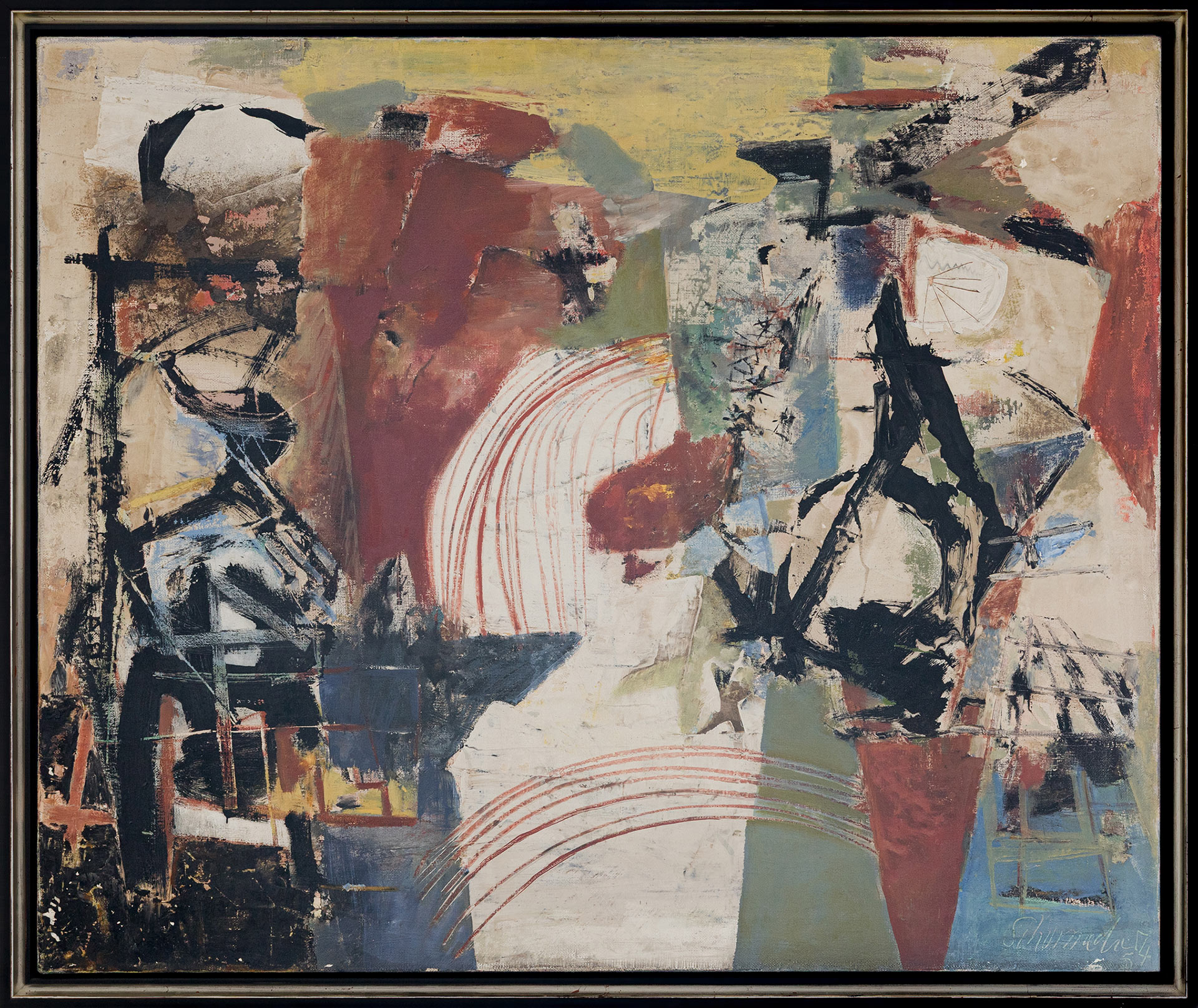 Emil Schumacher, Entre trois blancs, huile sur toile, 75 x 90 cm, Collection privée Witten, exposition Paris 1955, Les Abstractionnistes allemands au Centre du Modernisme, Musée Emil Schumacher, Hagen, 2025, (c) VG Bild-Kunst, Bonn, (c) photo Oskar Lee - Musée Emil Schumacher, Boombartstic Art Magazine