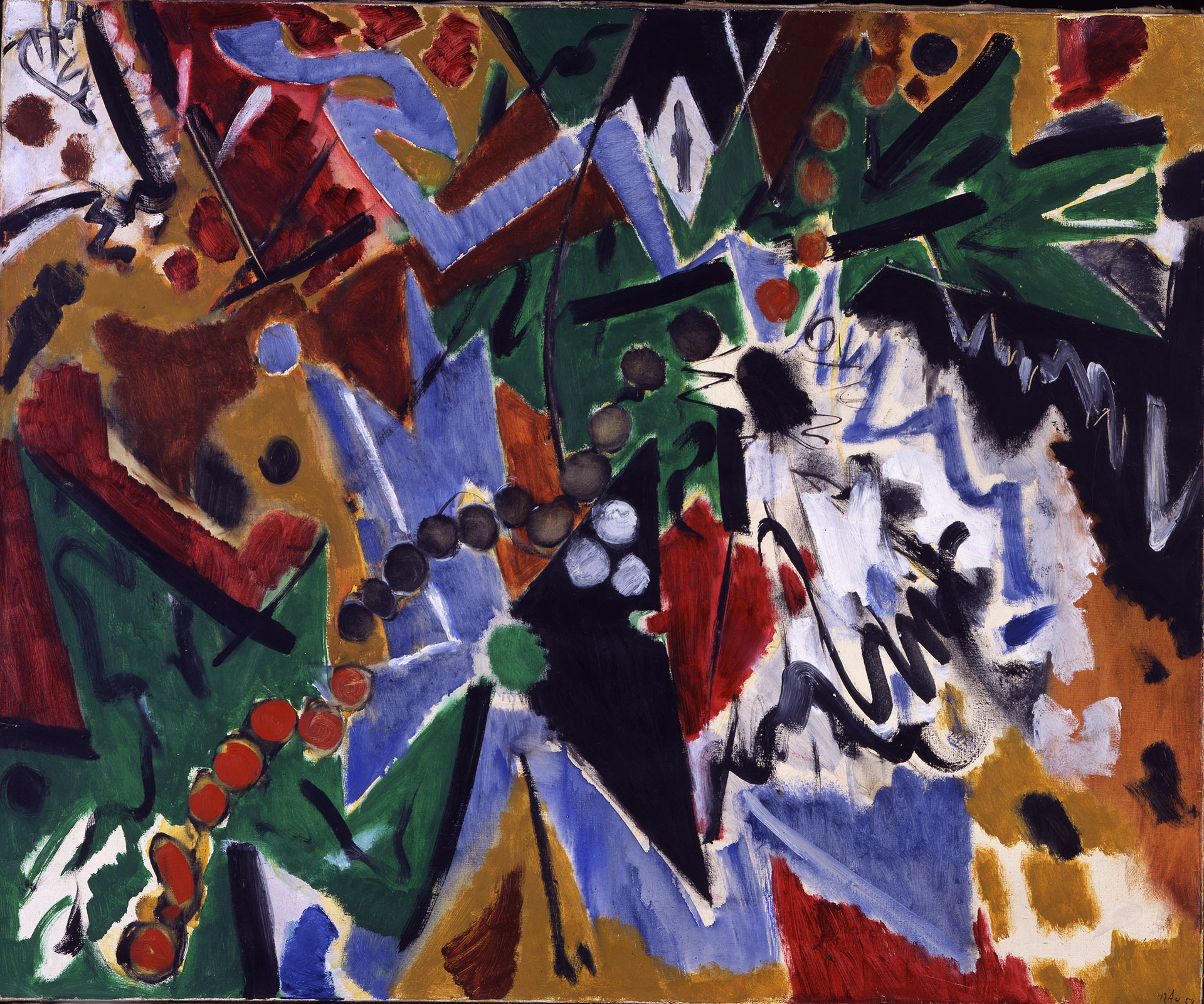 Ernst Wilhelm Nay, Instrumentation, huile sur toile, 100 x 120 cm, Musée MKM Küppersmühle d'art moderne, Duisbourg, Collection Ströher, exposition Paris 1955, Les Abstractionnistes allemands au Centre du Modernisme, Musée Emil Schumacher, Hagen, 2025, (c) VG Bild-Kunst, Bonn, (c) Photo Olaf Bergmann, Witten, Boombartstic Art Magazine