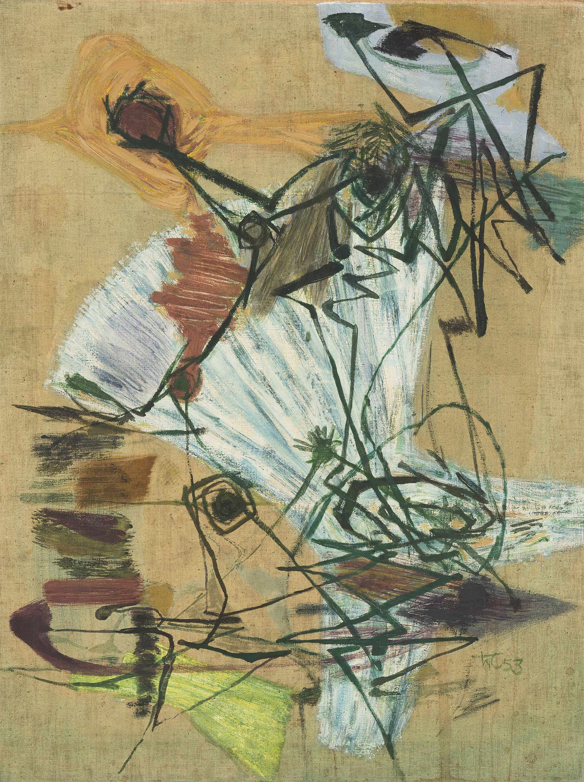 Hann Trier, Loterie II, 1953, tempera à l'œuf sur toile apprêtée, monogrammé et daté en bas à droite ' hT ', 80 x 60 cm, prêt permanent du Professeur Dr. Med. Wilfried et Fondation Gisela Fitting, exposition Paris 1955, musée Emil Schumacher, Hagen, 2025, (c) VG Bild-Kunst, Bonn, (c) photo David Ertel, Kunstmuseum Bonn, Boombartstic Art Magazine