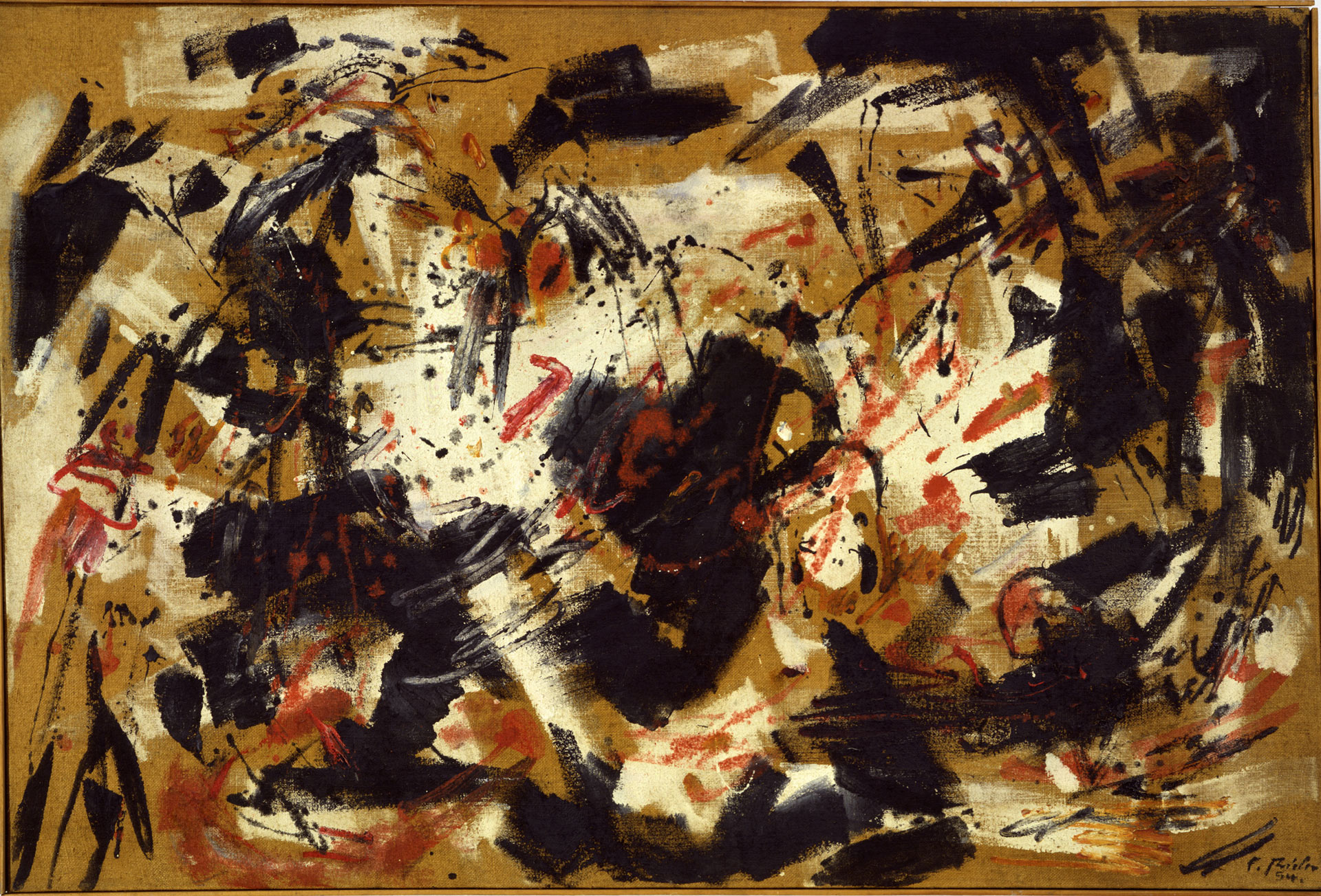 Fred Thieler, O 17/54, 1954, huile sur toile de jute, 88 x130 cm, Musée MKM Küppersmühle d'art moderne, Duisbourg, Collection Ströher, exposition Paris 1955, Les Abstractionnistes allemands au Centre du Modernisme, musée Emil Schumacher, Hagen, 2025, (c) VG Bild-Kunst, Bonn, (c) photo Reinhard Friedrich, Berlin, Boombartstic Art Magazine