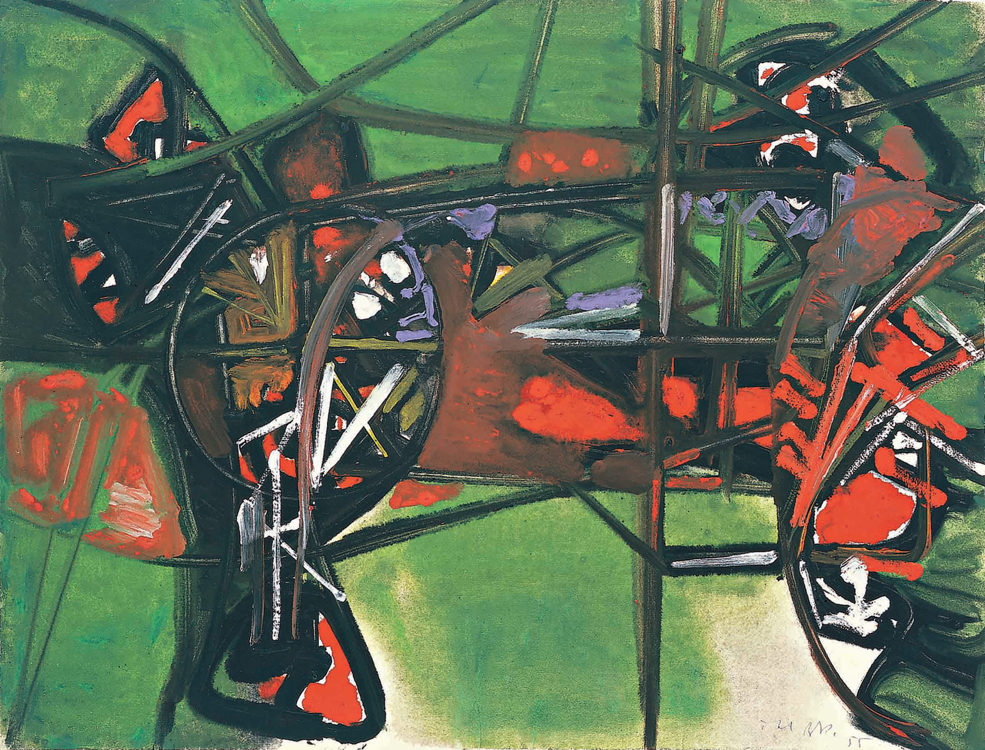Hubert Berke, sans titre, 1955, gouache, , 48.1 × 62.6 , cm, Galerie d'art de Schweinfurt, exposition Paris 1955, Les Abstractionnistes allemands au Centre du Modernisme, musée Emil Schumacher, Hagen, 2025, (c) Héritiers Hubert Berke, Cologne, (c) photo George Ksandr, Boombartstic Art Magazine