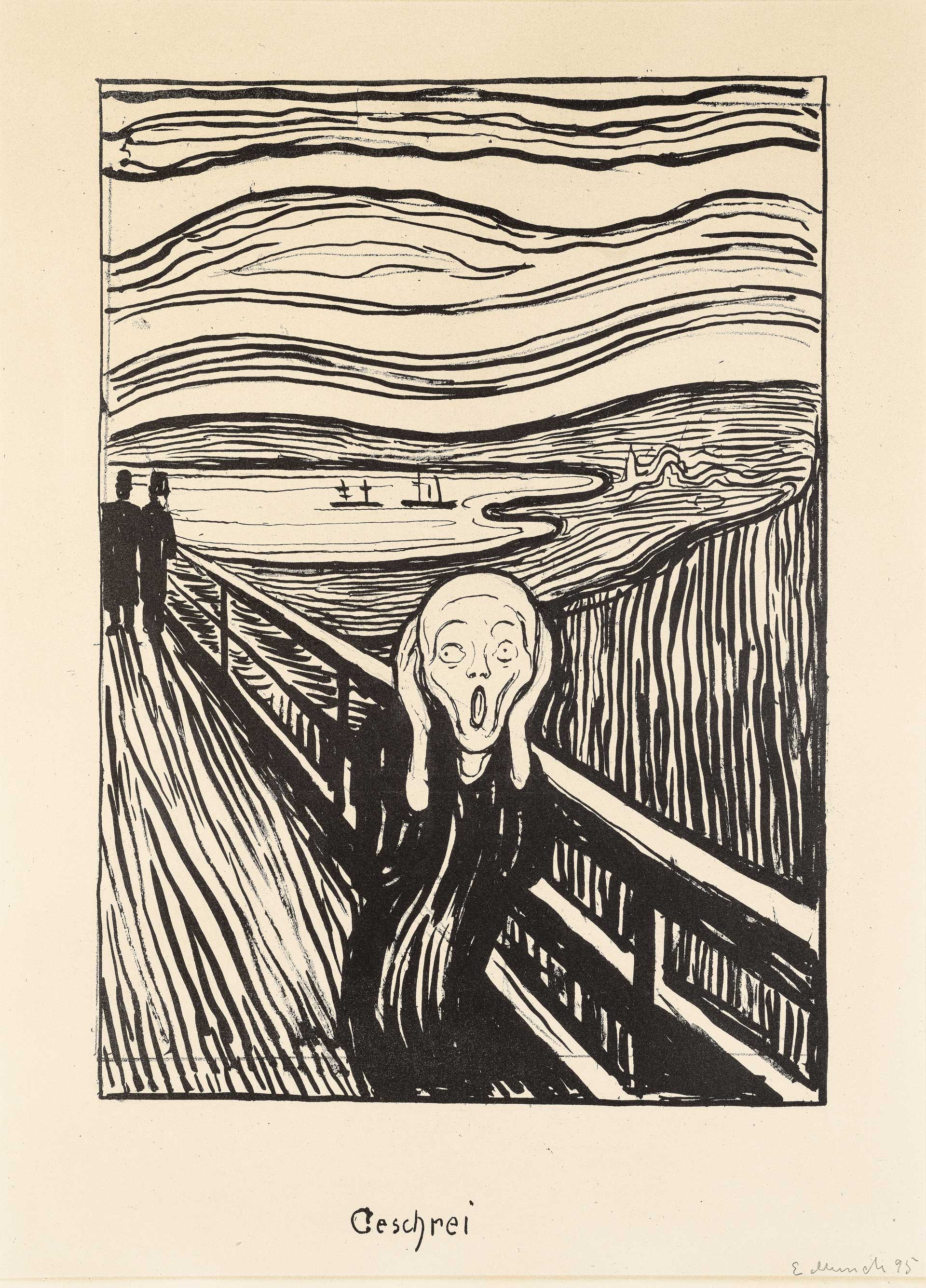 Edvard Munch (1863-1944), Le cri, 1895, lithographie, exposition Edvard Munch, Angst, Kunstsammlungen Chemnitz, Allemagne, Chemnitz 2025, capitale européenne de la culture, courtesy Morten Zondag Kunstformidling, Norvège, (c) photo Morten Zondag Kunstformidling/Morten Henden Aamot, Boombartstic Art Magazine