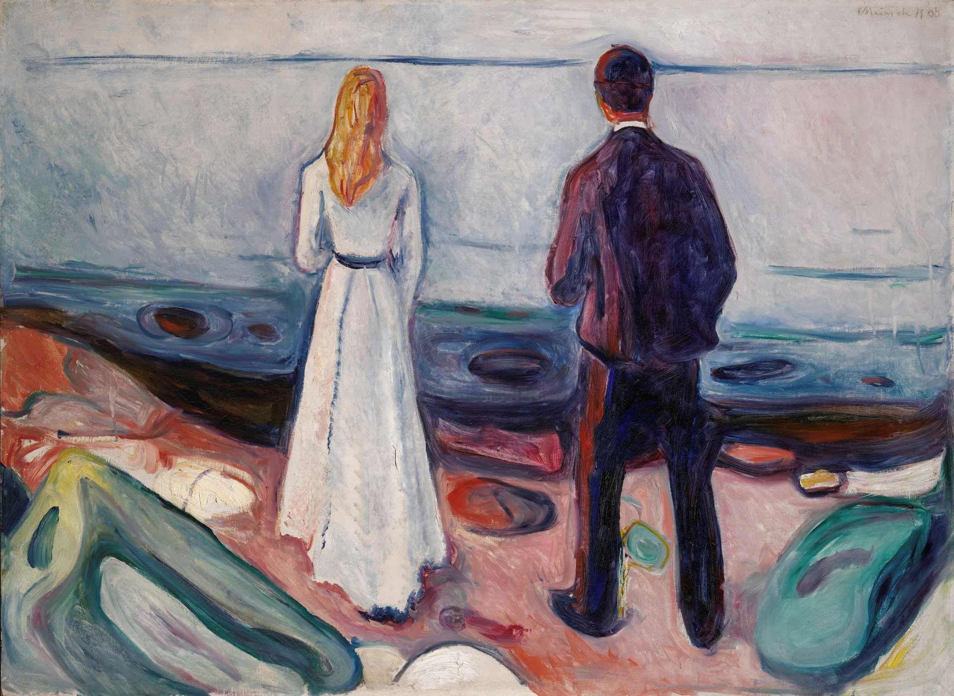 Edvard Munch (1863–1944), Deux êtres humains. Les solitaires, 1906–1908, huile sur toile, collection Musées d'art de Harvard/Musée Busch-Reisinger, Collection Philip et Lynn Straus, exposition Edvard Munch, Angst, Kunstsammlungen Chemnitz, Allemagne, Chemnitz 2025, Capitale européenne de la Culture, (c) photo Président et membres du Harvard College, 2023.551, Boombartstic Art Magazine