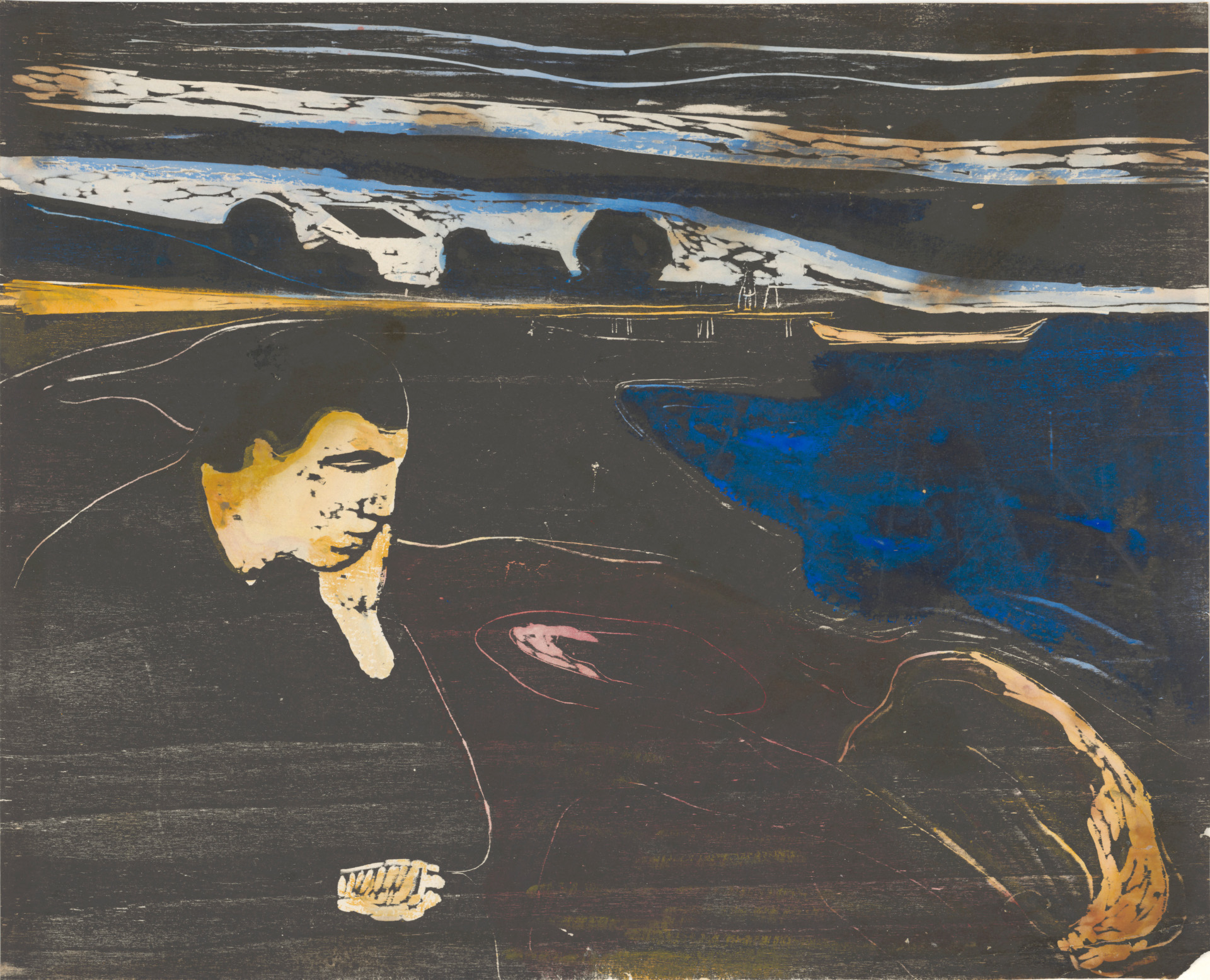 Edvard Munch (1863-1944), Soirée. Mélancolie I, 1896, gravure sur bois en couleur, collection Musée des arts de Leipzig, exposition Edvard Munch, Angst, Kunstsammlungen Chemnitz, Allemagne, Chemnitz 2025, Capitale européenne de la Culture, (c) photo bpk/Museum der bildenden Künste L, Boombartstic Art Magazine