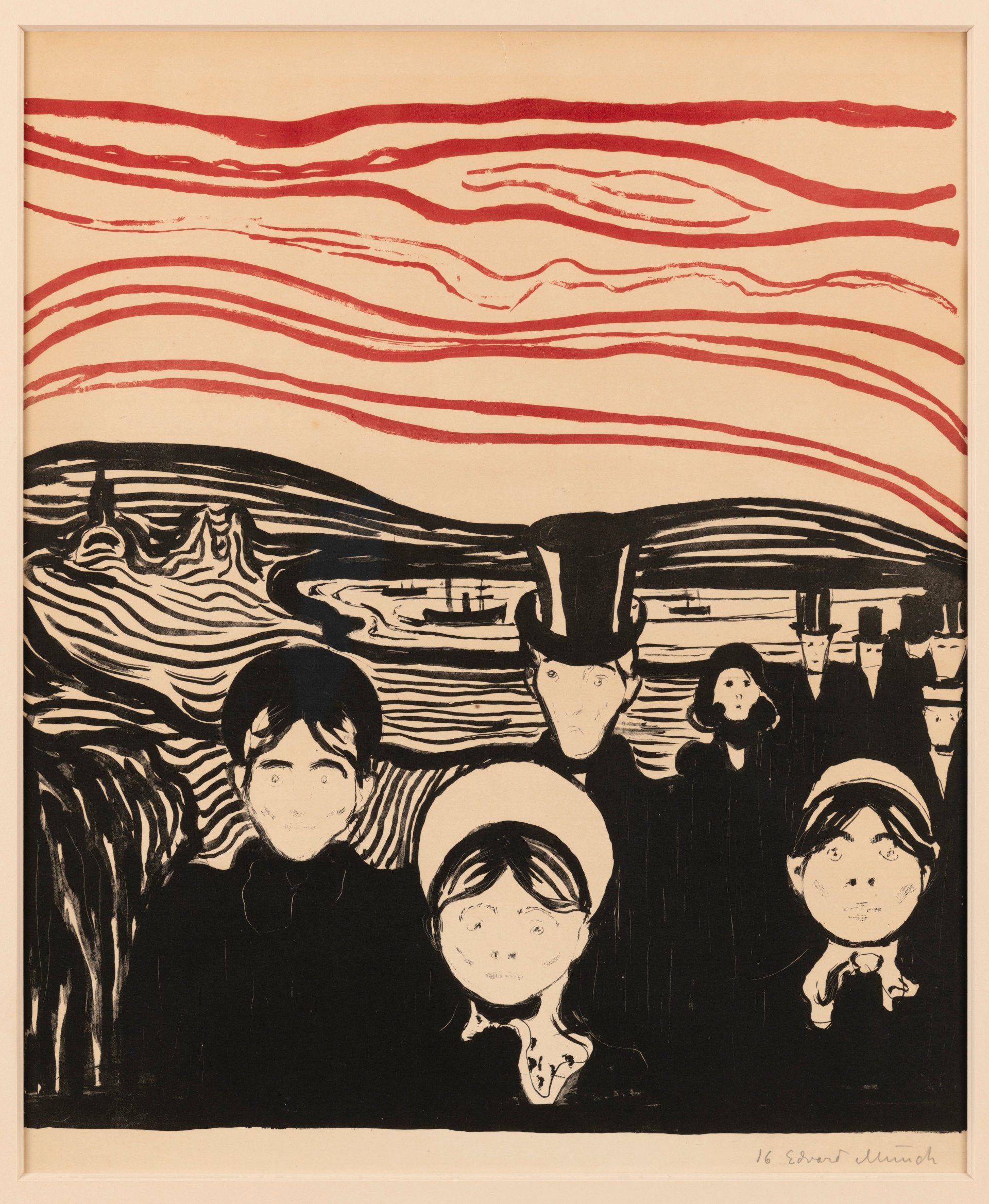 Edvard Munch (1863–1944), Angst, 1896, lithographie, courtesy Art for Centuries, Norvège, exposition Edvard Munch, Angst, Kunstsammlungen Chemnitz, Allemagne, Chemnitz 2025, Capitale européenne de la Culture, (c) photo Art for Centuries, Norvège/Thomas Widerberg, Boombartstic Art Magazine
