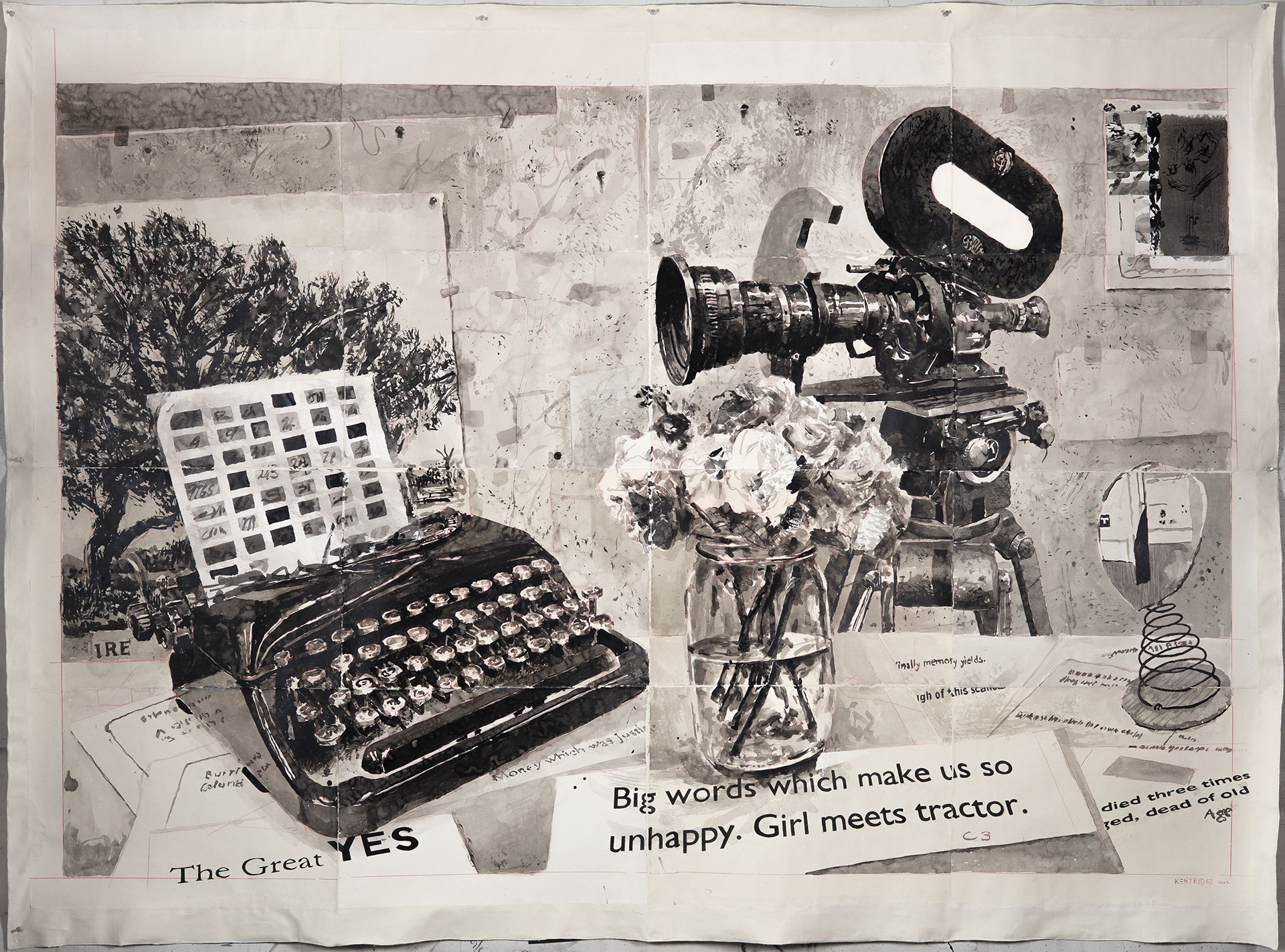 William Kentridge, The Great Yes (Studio Still Life), 2022, Encre et crayon sur papier Phumani fait main, 181 x 221 x cm, collection privée, exposition Listen to the Echo, Museum Folkwang, Essen, Allemagne, (c) William Kentridge, 2025, (c) photo courtesy Kentridge Studio, Boombartstic Magazine