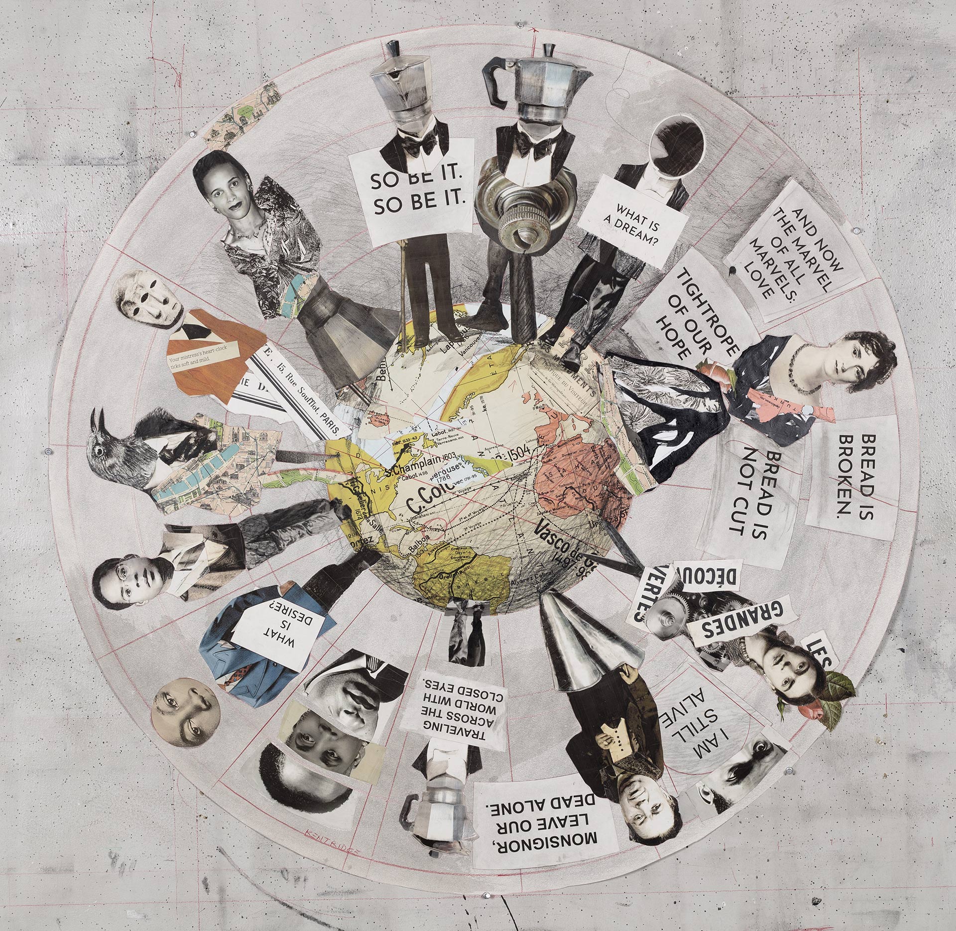 William Kentridge, Tightrope of Our Hope (Le fil tendu de notre espoir), 2023, Fusain, crayon de couleur, impression numérique, collage et encre de Chine sur papier, diamètre 124 cm, exposition Listen to the Echo, Museum Folkwang, Essen, Allemagne, (c) William Kentridge, 2025, (c) photo courtesy Kentridge Studio, Boombartstic Art Magazine