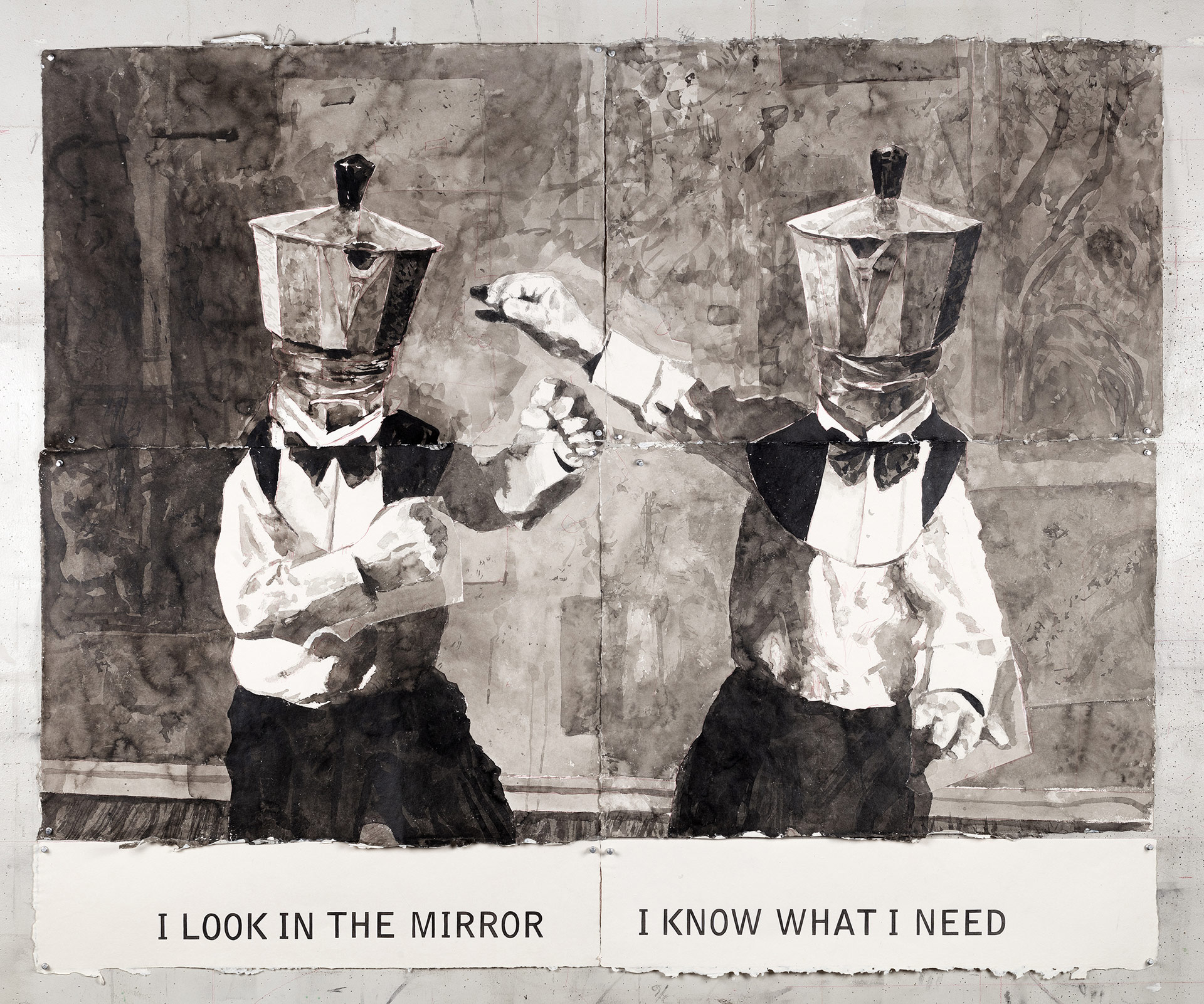 William Kentridge, I look in the Mirror, I Know What I Need, 2023, Encre et crayon sur papier Phumani fait main, 139,5 x 166,5 x cm, exposition Listen to the Echo, Museum Folkwang, Essen, Allemagne, 2025, (c) William Kentridge, 2025, (c) photo courtesy Kentridge Studio, Boombartstic Art Magazine