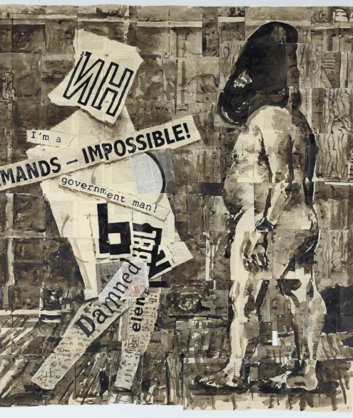 William Kentridge, Demands Impossible, 2009, Encre sur les pages d'un livre, 167 x 164 cm, Collection Museum Folkwang, exposition Listen to the Echo, Museum Folkwang, Essen, Allemagne, 2025, (c) William Kentridge, 2025, (c) photo courtesy Museum Folkwang, Boombartstic Art Magazine
