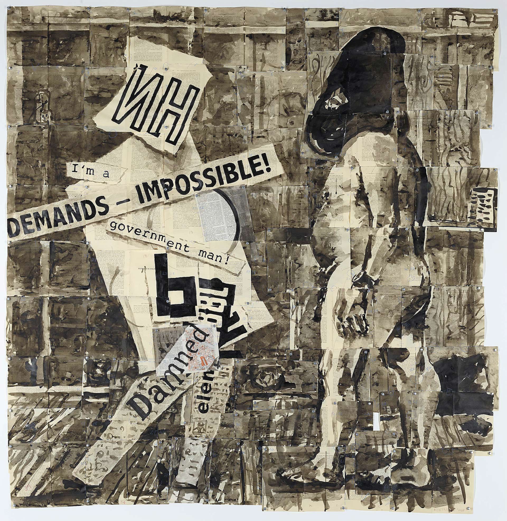 William Kentridge, Demands Impossible, 2009, Encre sur les pages d'un livre, 167 x 164 cm, Collection Museum Folkwang, exposition Listen to the Echo, Museum Folkwang, Essen, Allemagne, 2025, (c) William Kentridge, 2025, (c) photo courtesy Museum Folkwang, Boombartstic Art Magazine