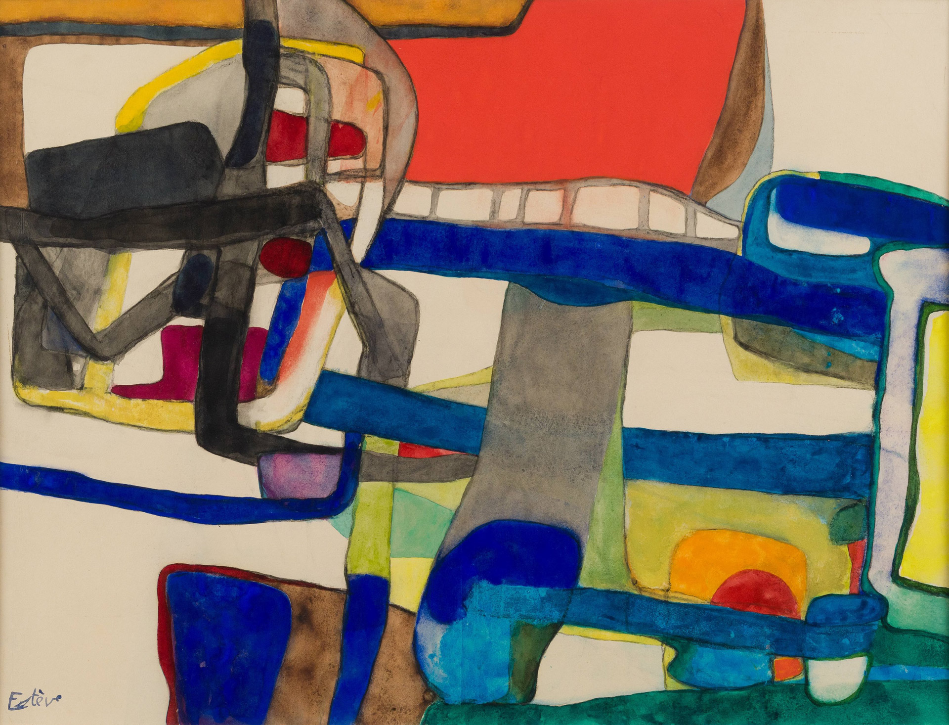 BRAFA 2026, Stern Pissarro Gallery, Maurice Estève (Culan, 1904-2001), Sans titre, vers 1953-1955, Gouache, aquarelle et fusain sur papier, 52,6 x 69,3 cm, Signé en bas à gauche Estève, œuvre est répertoriée dans les archives de Mme Monique Prudhomme-Estève sous le numéro A.78, Provenance : collection particulière, Royaume-Uni, (c) photo Stern Pissarro Gallery, Boombartstic Art Magazine