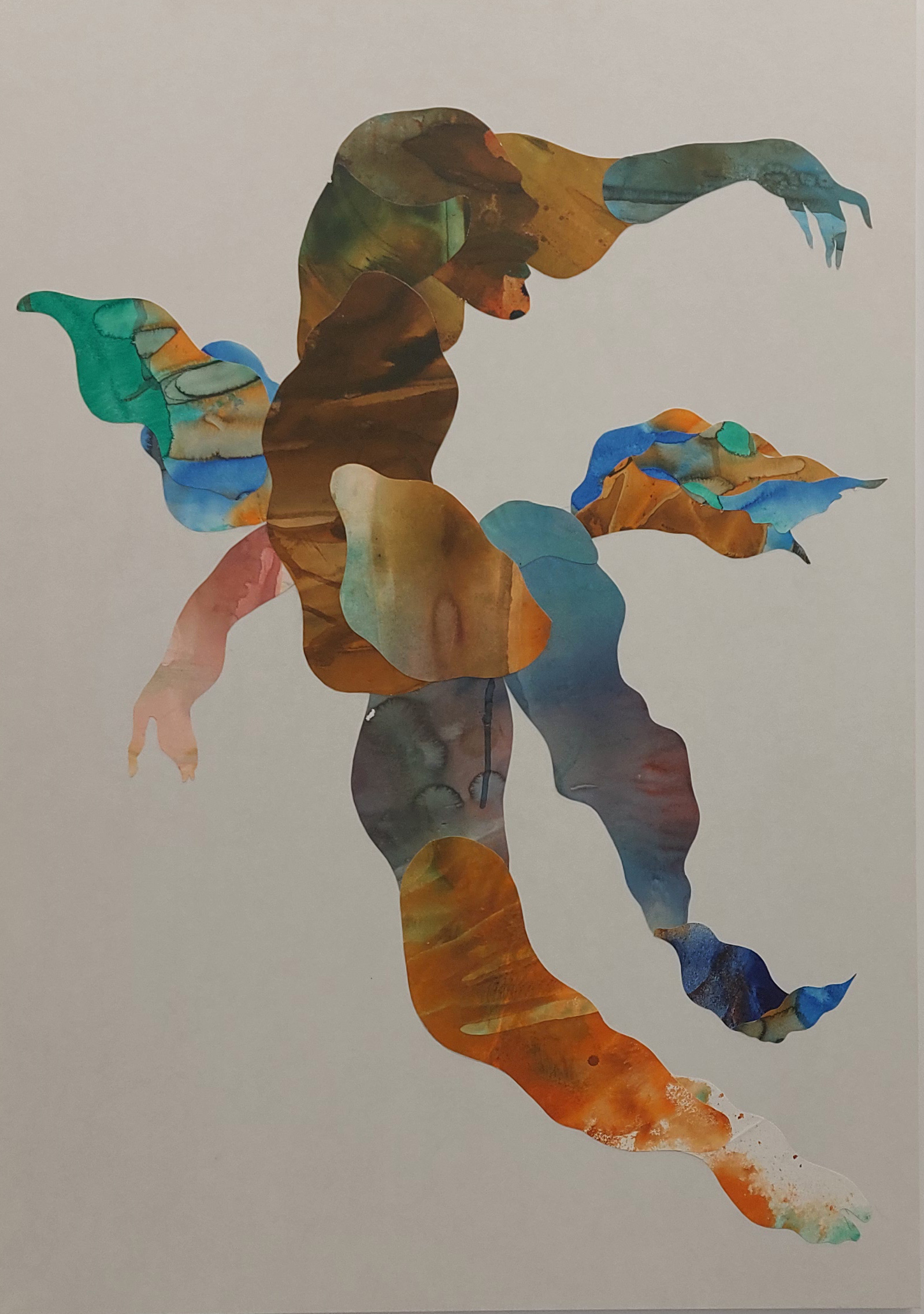 Ousmane Bâ, Le Corps qui refuse la Chute, 2025, panneau de bois, matériaux : Sumi, pigments japonais sur washi, collage et peinture, 146 x 100 cm, exposition Afrikoyo-e, Gallery 41, Bruxelles, 2026, (c) courtesy Gallery 41, (c) photo Eric Mabille, Boombartstic Art Magazine