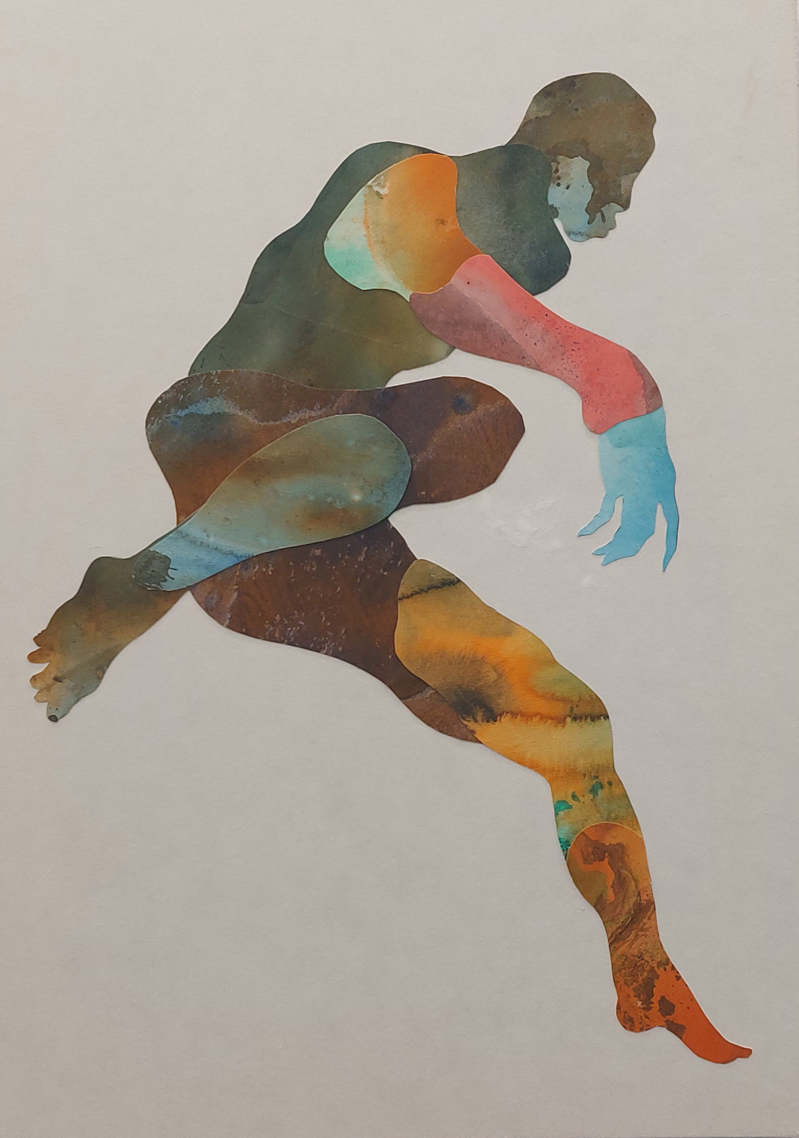 Ousmane Bâ, Le Courage du Saut, 2025, panneau de bois, matériaux : Sumi, pigments japonais sur washi, collage et peinture, 42 x 59,4 cm, exposition Afrikoyo-e, Gallery 41, Bruxelles, 2026, (c) courtesy Gallery 41, (c) photo Eric Mabille, Boombartstic Art Magazine
