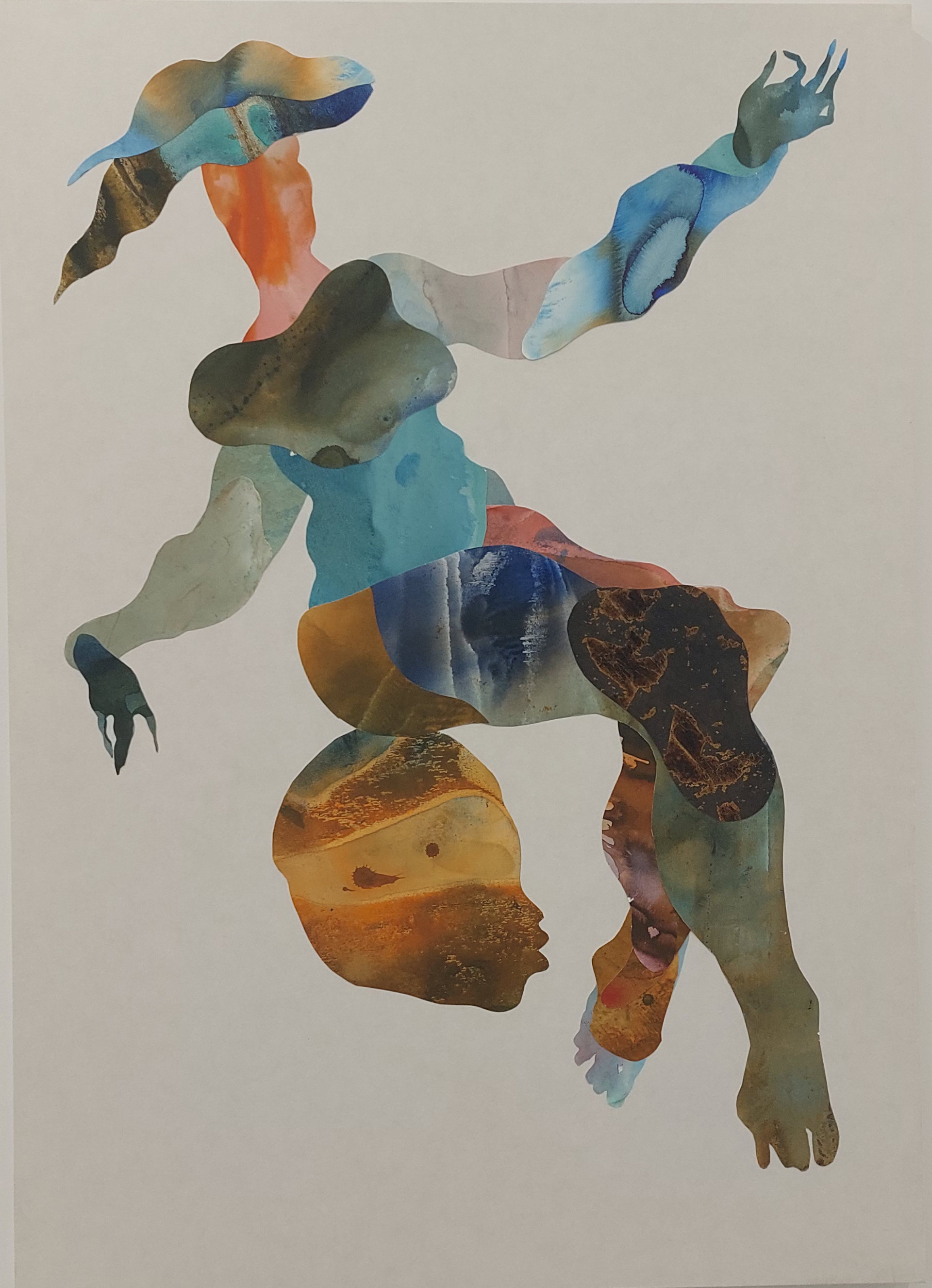 Ousmane Bâ, Par les Ancêtres, apprendre à flotter, 2025, panneau de bois, matière : Sumi, pigment japonais sur washi (pigment japonais), collage et peinture, 70 x 100 cm, exposition Afrikoyo-e, Gallery 41, Bruxelles, 2026, (c) courtesy Gallery 41, (c) photo Eric Mabille, Boombartstic Art Magazine