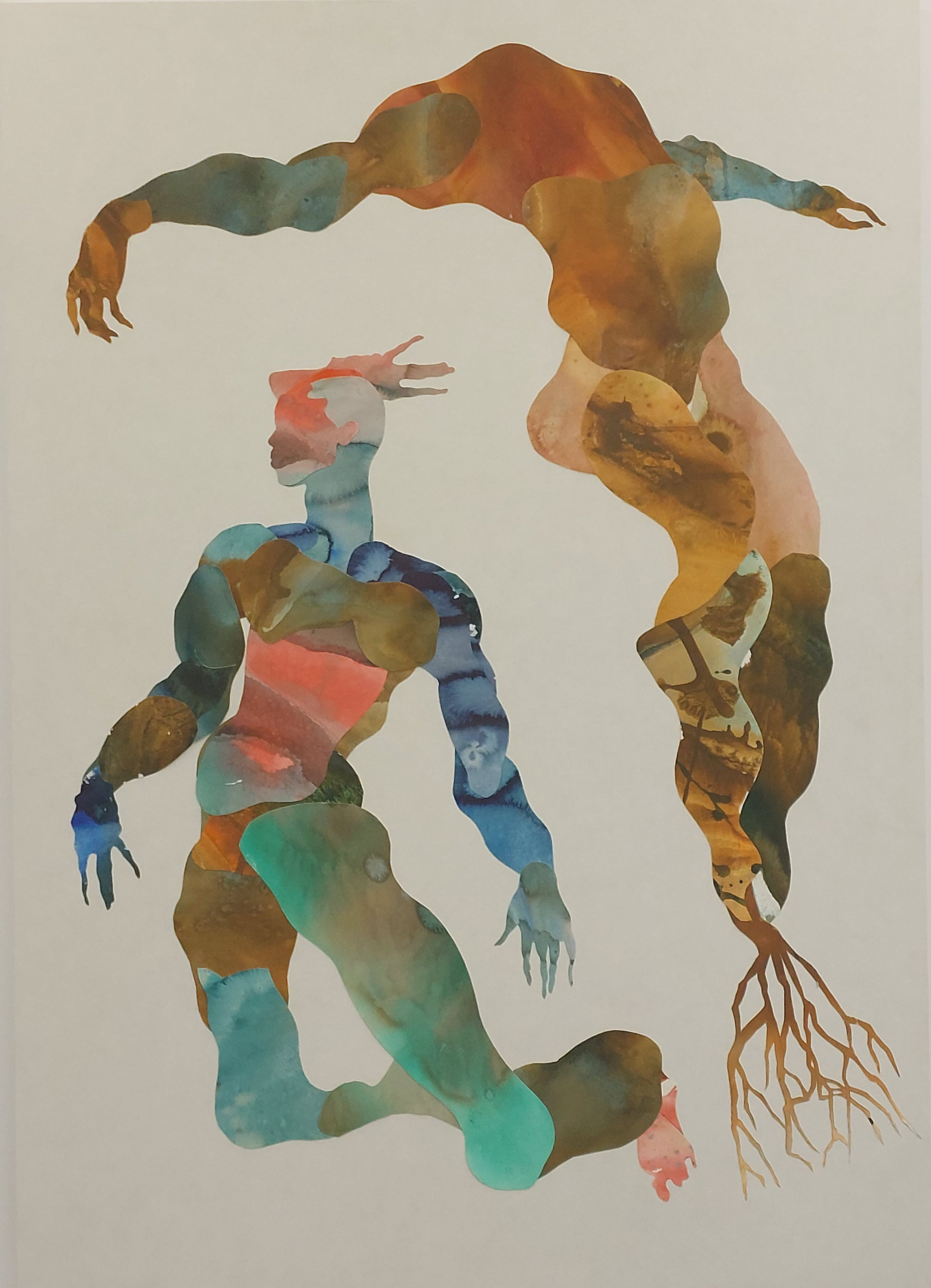 Ousmane Bâ, L’Appel de l’Antigravité, 2025, panneau de bois, matériaux : Sumi, pigments japonais sur washi, collage et peinture, 70 x 100 cm, exposition Afrikoyo-e, Gallery 41, Bruxelles, 2026, (c) courtesy Gallery 41, (c) photo Eric Mabille, Boombartstic Art Magazine