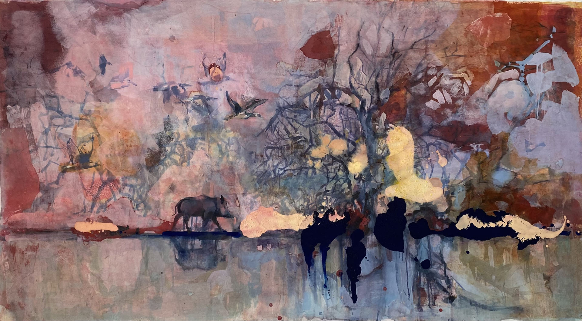 Inge H. Schmidt, Along the River Bank, 2025, mix media sur papier japonais et toile, 100 x 180 cm, exposition Silent Landscapes of Flow and Frost, Husk Gallery, Bruxelles, 2026, (c) Inge H. Schmidt, (c) photo courtesy Husk Gallery, Boombartstic Art Magazine