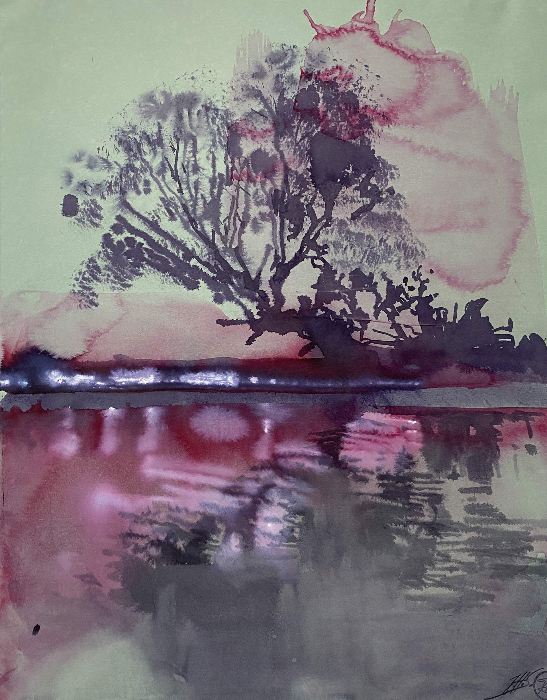 Inge H. Schmidt, A Pink Cloud, 2025, encre sur papier, 59 x 46 cm, exposition Silent Landscapes of Flow and Frost, Husk Gallery, Bruxelles, 2026, (c) Inge H. Schmidt, (c) photo courtesy Husk Gallery, Boombartstic Art Magazine