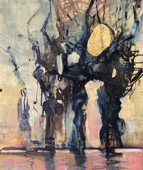 Inge H. Schmidt, Companions along the River II, 2022, acrylique et encre sur papier, 110 x 75 cm, exposition Silent Landscapes of Flow and Frost, Husk Gallery, Bruxelles, 2026, (c) Inge H. Schmidt, (c) photo courtesy Husk Gallery, Boombartstic Art Magazine