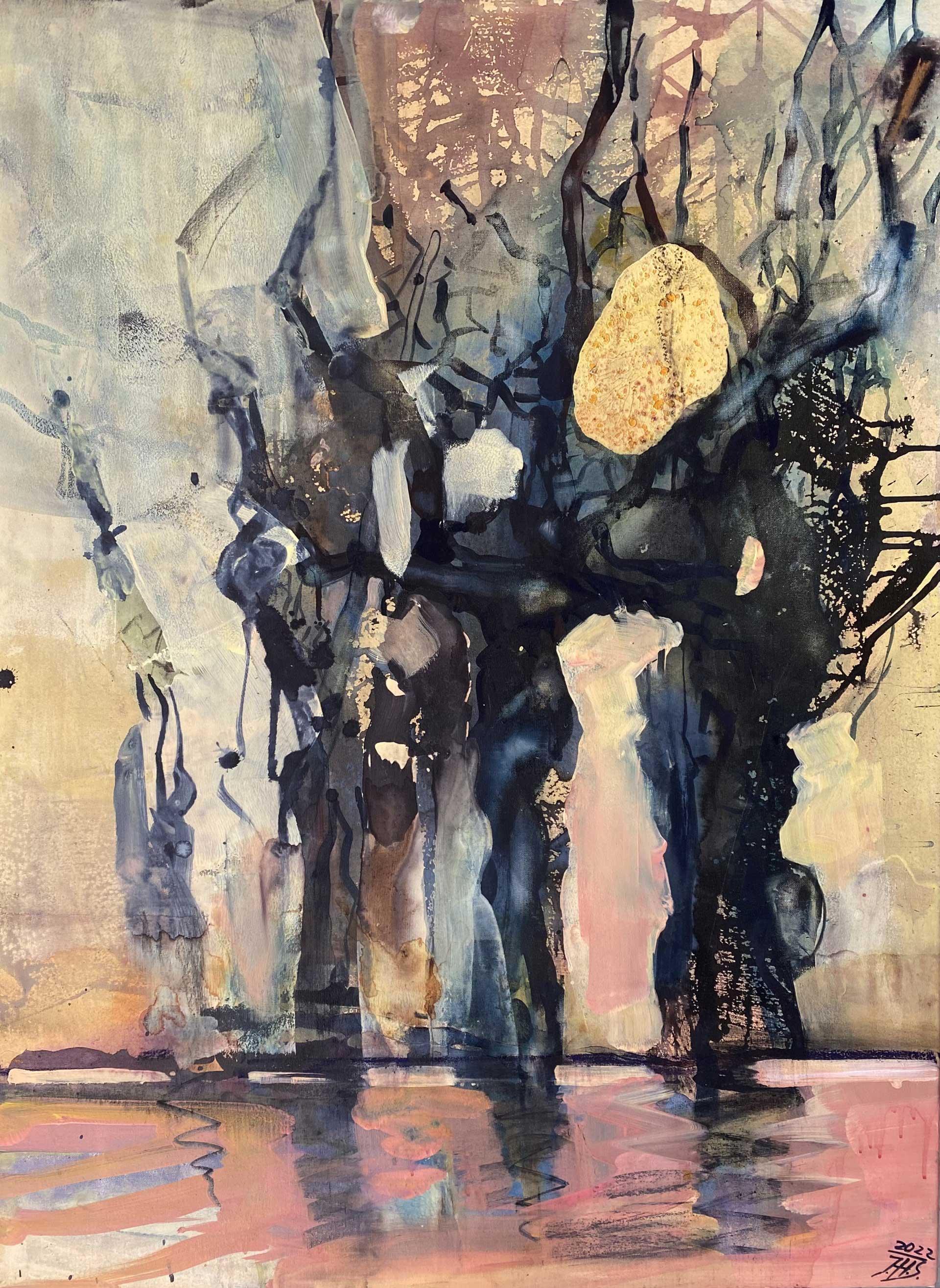 Inge H. Schmidt, Companions along the River II, 2022, acrylique et encre sur papier, 110 x 75 cm, exposition Silent Landscapes of Flow and Frost, Husk Gallery, Bruxelles, 2026, (c) Inge H. Schmidt, (c) photo courtesy Husk Gallery, Boombartstic Art Magazine