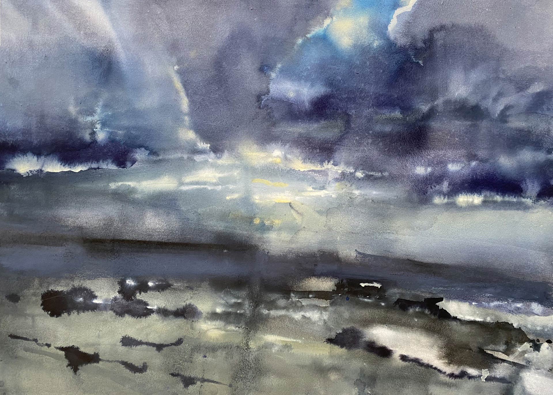 Inge H. Schmidt, Toward the Thunderstorm , 2025, encre, crayon et aquarelle sur papier, 55 x 70 cm, exposition Silent Landscapes of Flow and Frost, Husk Gallery, Bruxelles, 2026, (c) Inge H. Schmidt, (c) photo courtesy Husk Gallery, Boombartstic Art Magazine