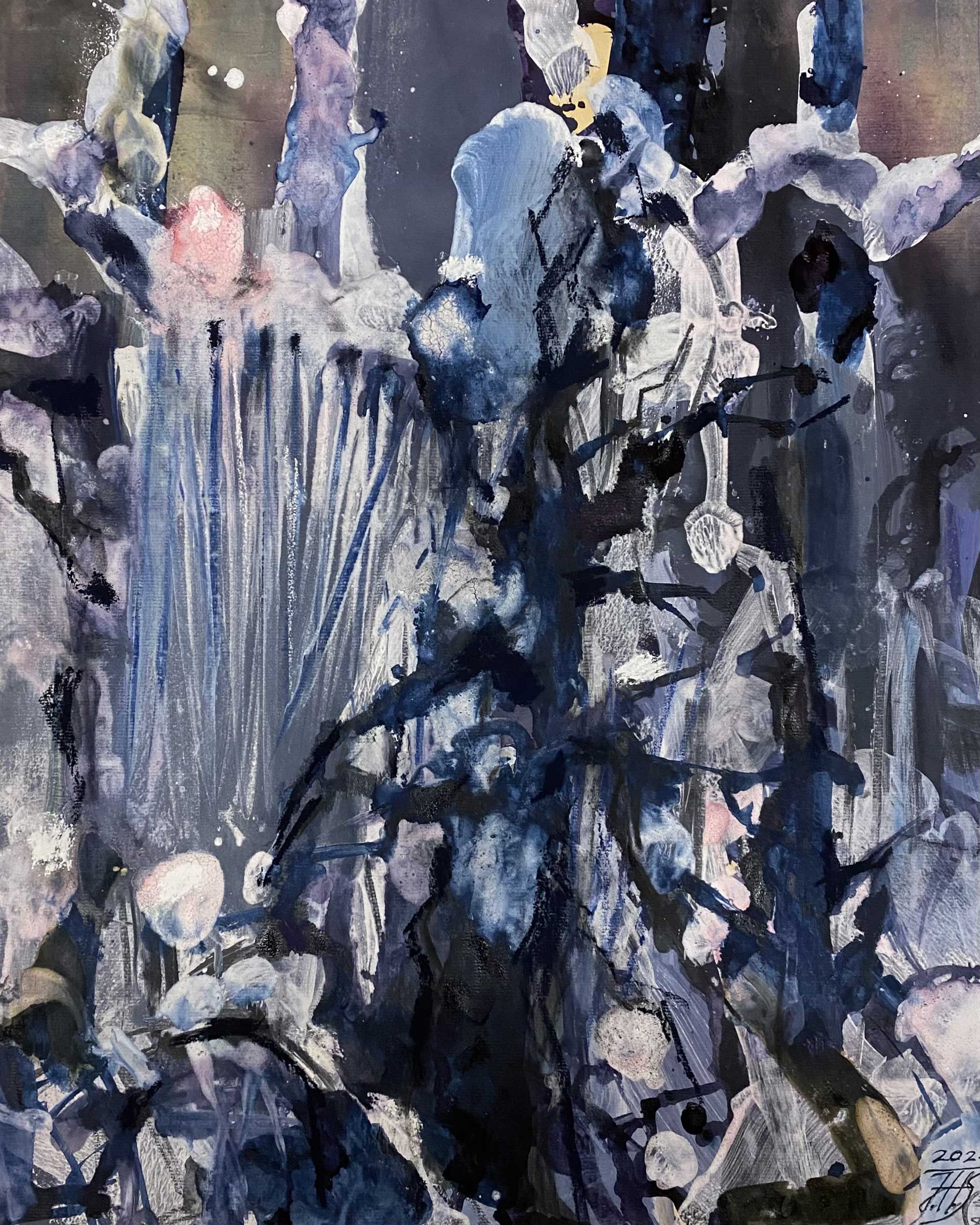 Inge H. Schmidt, The Tree, held in Ice, 2025, mix media sur papier, 56 x 45 cm, exposition Silent Landscapes of Flow and Frost, Husk Gallery, Bruxelles, 2026, (c) Inge H. Schmidt, (c) photo courtesy Husk Gallery, Boombartstic Art Magazine