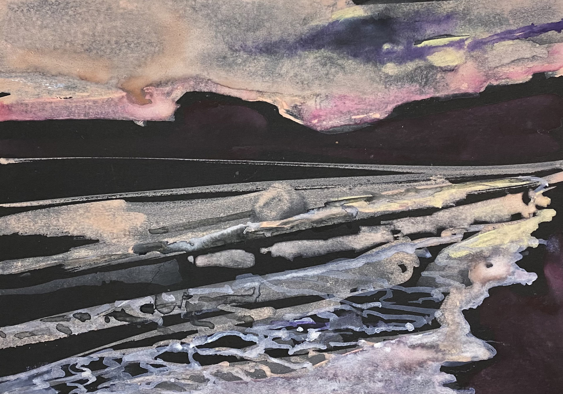 Inge H. Schmidt, As Day Fades, 2025, aquarelle sur papier, 21 x 29,5 cm, exposition Silent Landscapes of Flow and Frost, Husk Gallery, Bruxelles, 2026, (c) Inge H. Schmidt, (c) photo courtesy Husk Gallery, Boombartstic Art Magazine