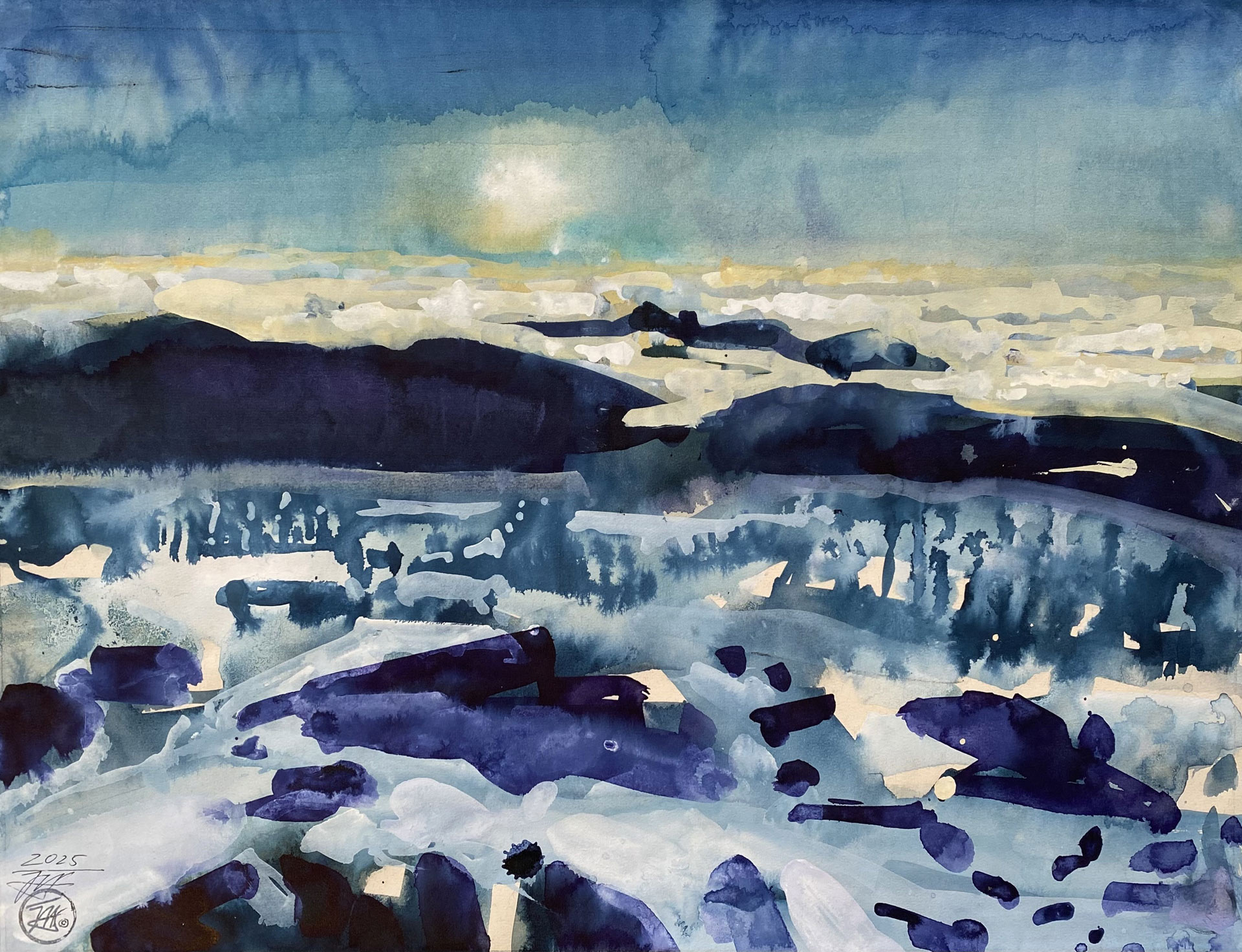 Inge H. Schmidt, Above the Clouds, 2025, encre et aquarelle sur papier, 41 x 53 cm, exposition Silent Landscapes of Flow and Frost, Husk Gallery, Bruxelles, 2026, (c) Inge H. Schmidt, (c) photo courtesy Husk Gallery, Boombartstic Art Magazine