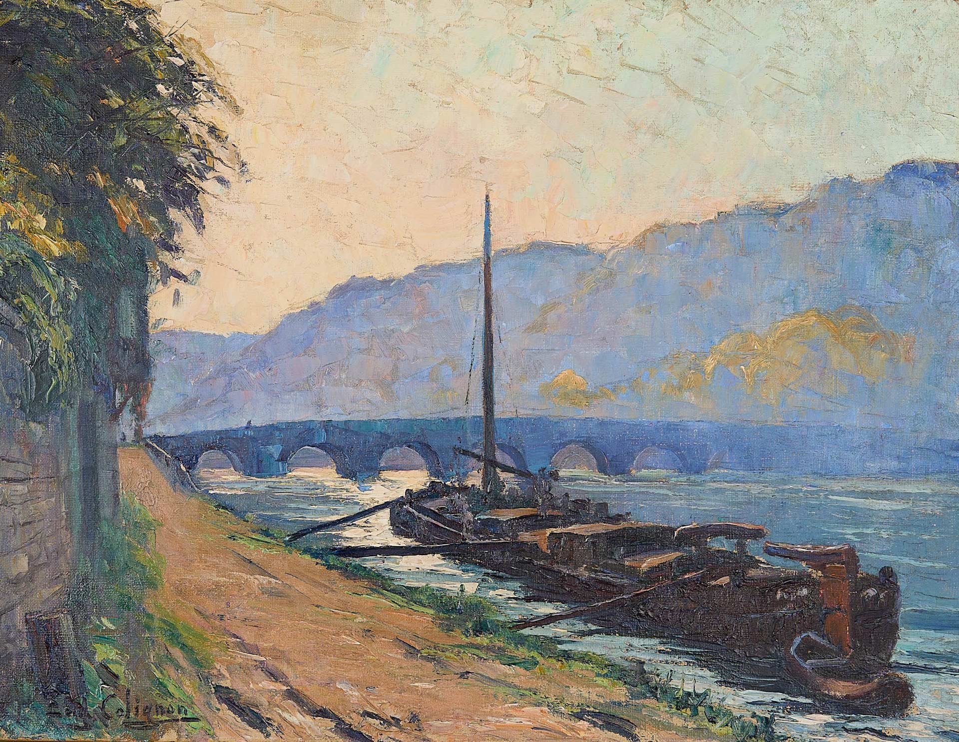 Eugène Collignon, Péniche en aval du pont de Jambes, 63 x 76 cm, exposition D'après Nature, Les Bateliers, Namur, (c) photo courtesy Les Bateliers, agenda avril 2026, Paysages & Jardins, Boombartstic Art Magazine