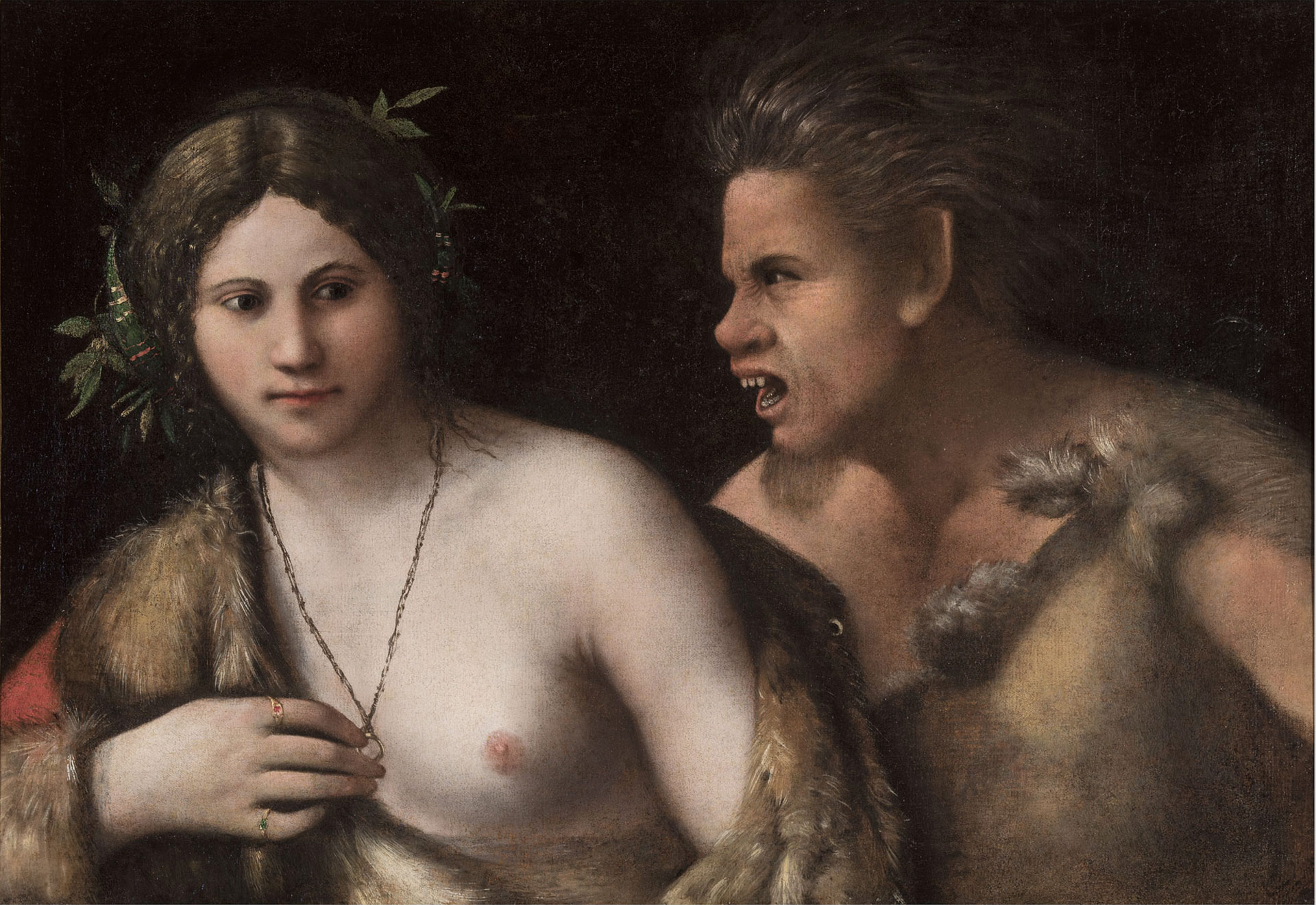 Giovanni Francesco di Luteri (Dosso Dossi), Femme et satyre, ca. 1508-1512, Gallerie degli Uffizi, Florence, inv. Palatina 1911, exposition Bellezza e Bruttezza, BOZAR, Bruxelles, 2026, © MiC – Gabinetto Fotogra co delle Gallerie degli Uffizi, Agenda Boombartstic mai 2026 - Fais-toi Belle | Fais-toi beau