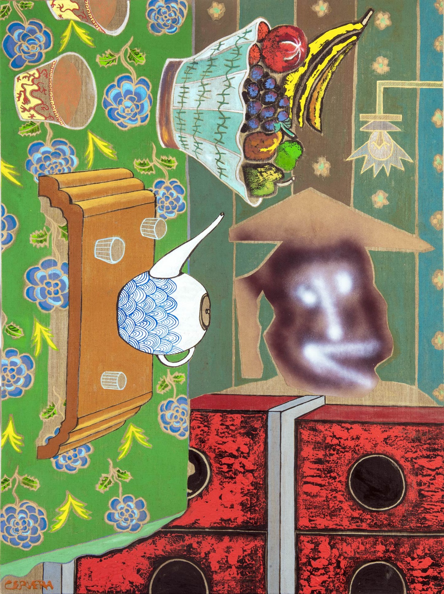 André Cervera, Nature morte au Fantôme chinois, 2025, acrylique et technique mixte sur toile de lin, 130 x 97 cm, exposition Carambolages, Musée Paul Valéry, Sète, France, 2026, (c) ADAGP, Paris, 2026, (c) photo Pierre Schwartz, Boombartstic Art Magazine