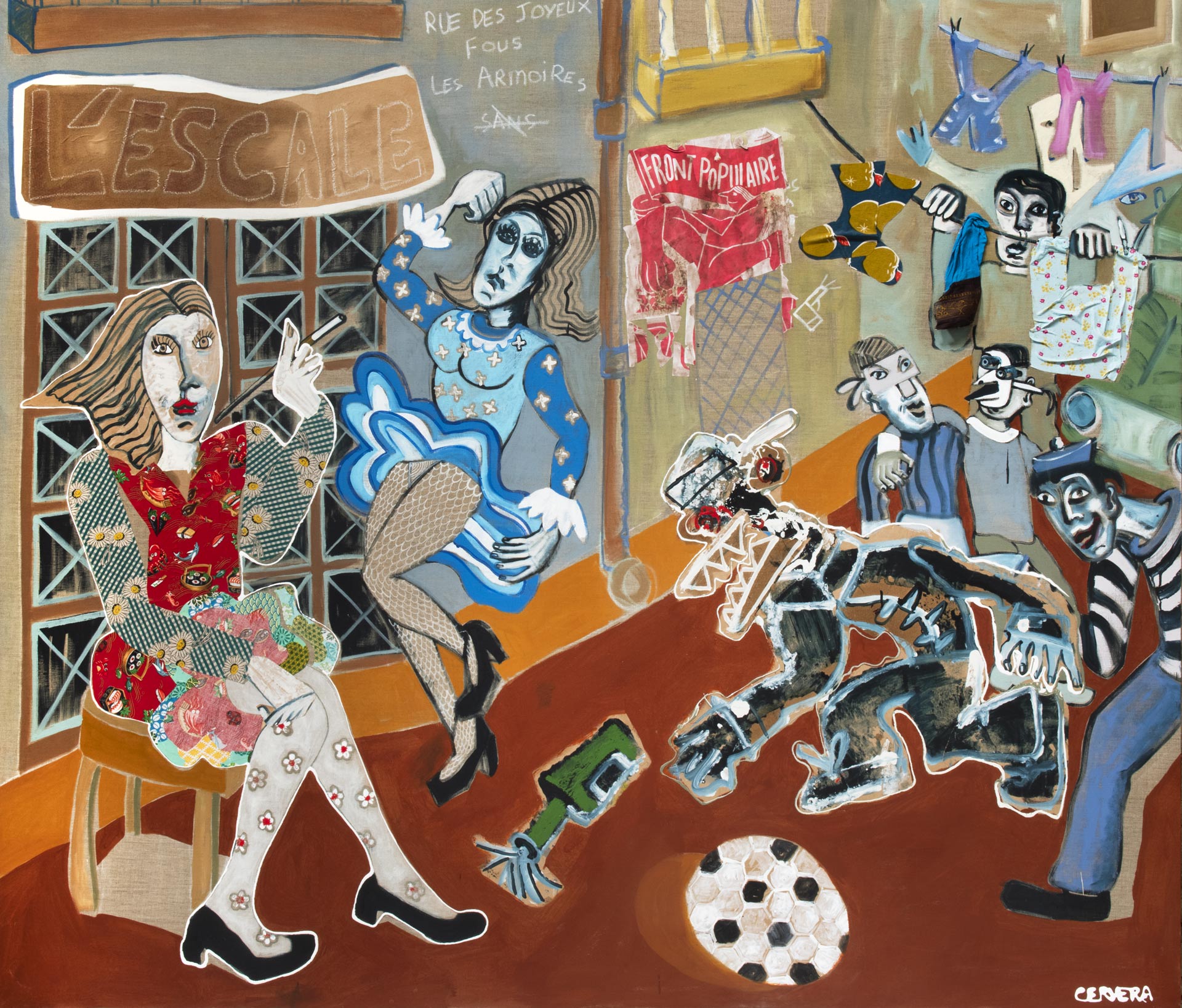 André Cervera, La Rue des fous, 2024, acrylique et technique mixte sur toile de lin, 180 x 210 cm, exposition Carambolages, Musée Paul Valéry, Sète, France, 2026, (c) ADAGP, Paris, 2026, (c) photo Pierre Schwartz, Boombartstic Art Magazine