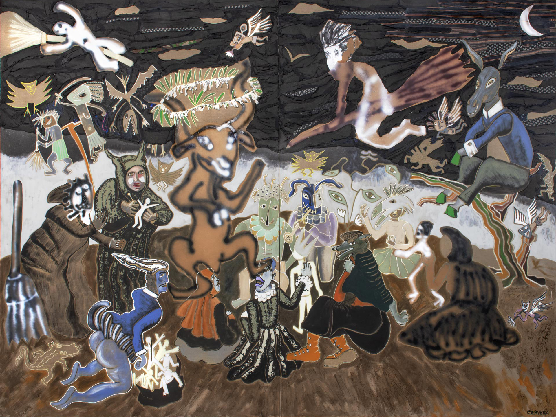 André Cervera, Le Sabbat, 2025, acrylique et technique mixte sur toile de lin, 300 x 400 cm, exposition Carambolages, Musée Paul Valéry, Sète, France, 2026, (c) ADAGP, Paris, 2026, (c) photo Pierre Schwartz, Boombartstic Art Magazine