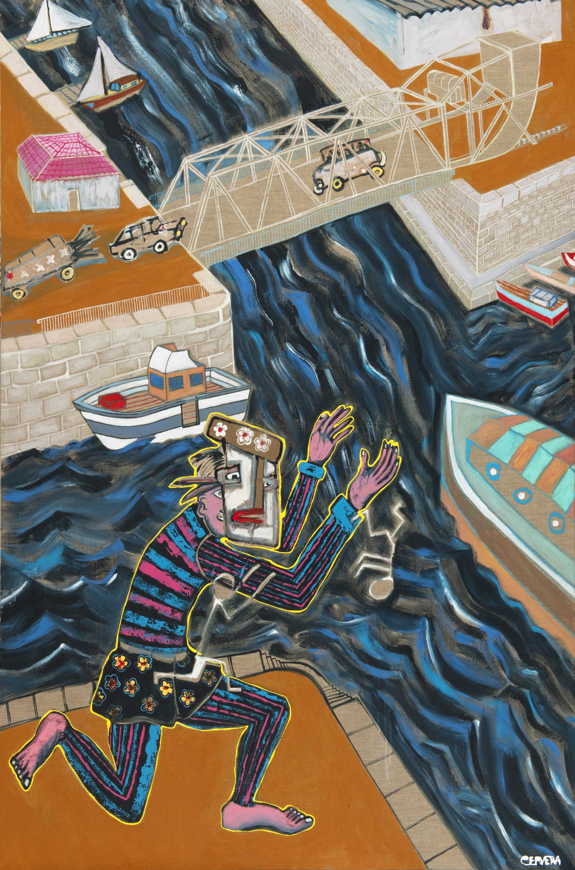 André Cervera, Le Canal a bon d’Eau, 2024, acrylique et technique mixte sur toile de lin, 195 x 130 cm, exposition Carambolages, Musée Paul Valéry, Sète, France, 2026, (c) ADAGP, Paris, 2026, (c) photo Pierre Schwartz, Boombartstic Art Magazine