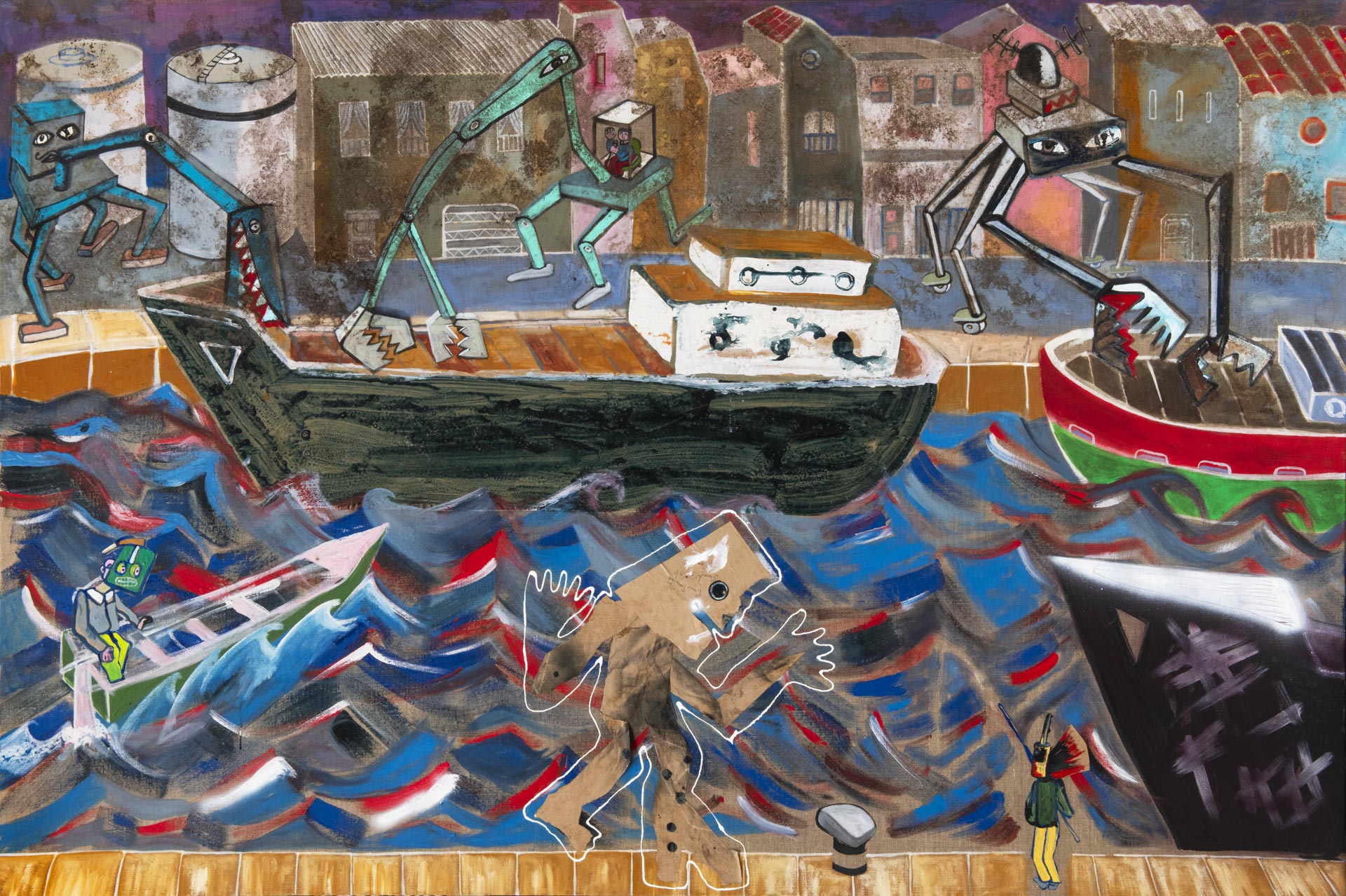André Cervera, Les Monstres attaquent la Ville, 2024, acrylique et technique mixte sur toile de lin, 130 x 195 cm, exposition Carambolages, Musée Paul Valéry, Sète, France, 2026, (c) ADAGP, Paris, 2026, (c) photo Pierre Schwartz, Boombartstic Art Magazine
