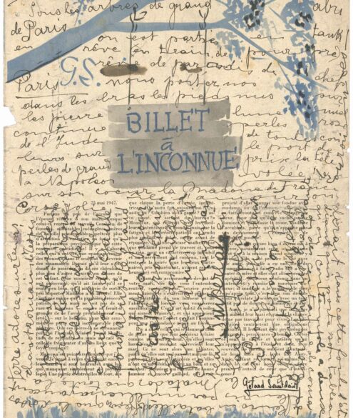 Aloïse Corbaz, Sans-titre (Billet à l'Inconnue), après 1947, encre sur papier imprimé (Bouquet de la Quinzaine du 23 mai 1947), Cab-2395, collection de l'Art Brut de Lausanne, exposition Ecrits d'Art Brut, Fondation Jan Michalski pour l'écriture et la littérature, Montricher, Suisse, 2026, (c) Collection de l'Art Brut, (c) Fondation Jan Michalski, Boombartstic Art Magazine