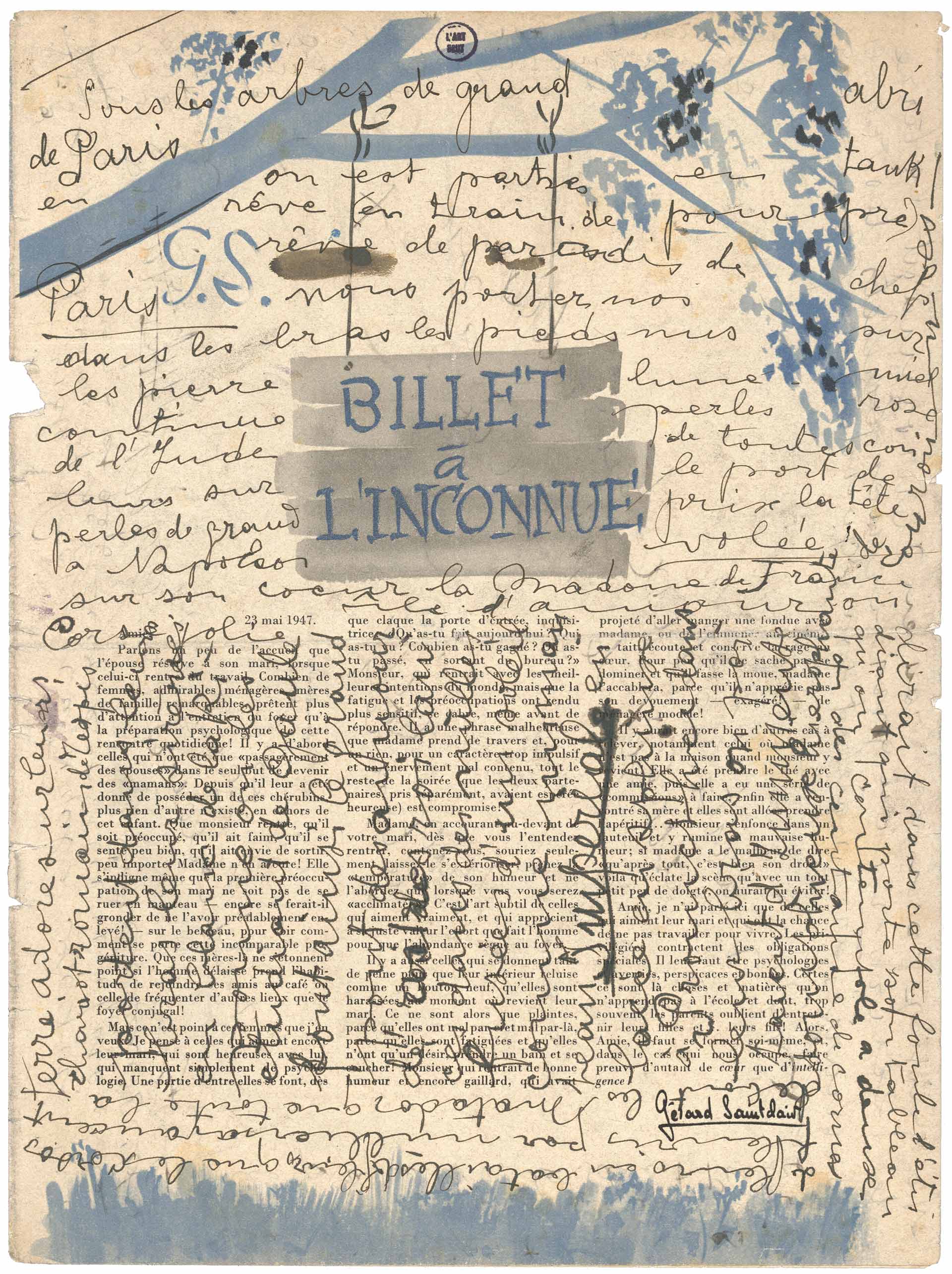 Aloïse Corbaz, Sans-titre (Billet à l'Inconnue), après 1947, encre sur papier imprimé (Bouquet de la Quinzaine du 23 mai 1947), Cab-2395, collection de l'Art Brut de Lausanne, exposition Ecrits d'Art Brut, Fondation Jan Michalski pour l'écriture et la littérature, Montricher, Suisse, 2026, (c) Collection de l'Art Brut, (c) Fondation Jan Michalski, Boombartstic Art Magazine