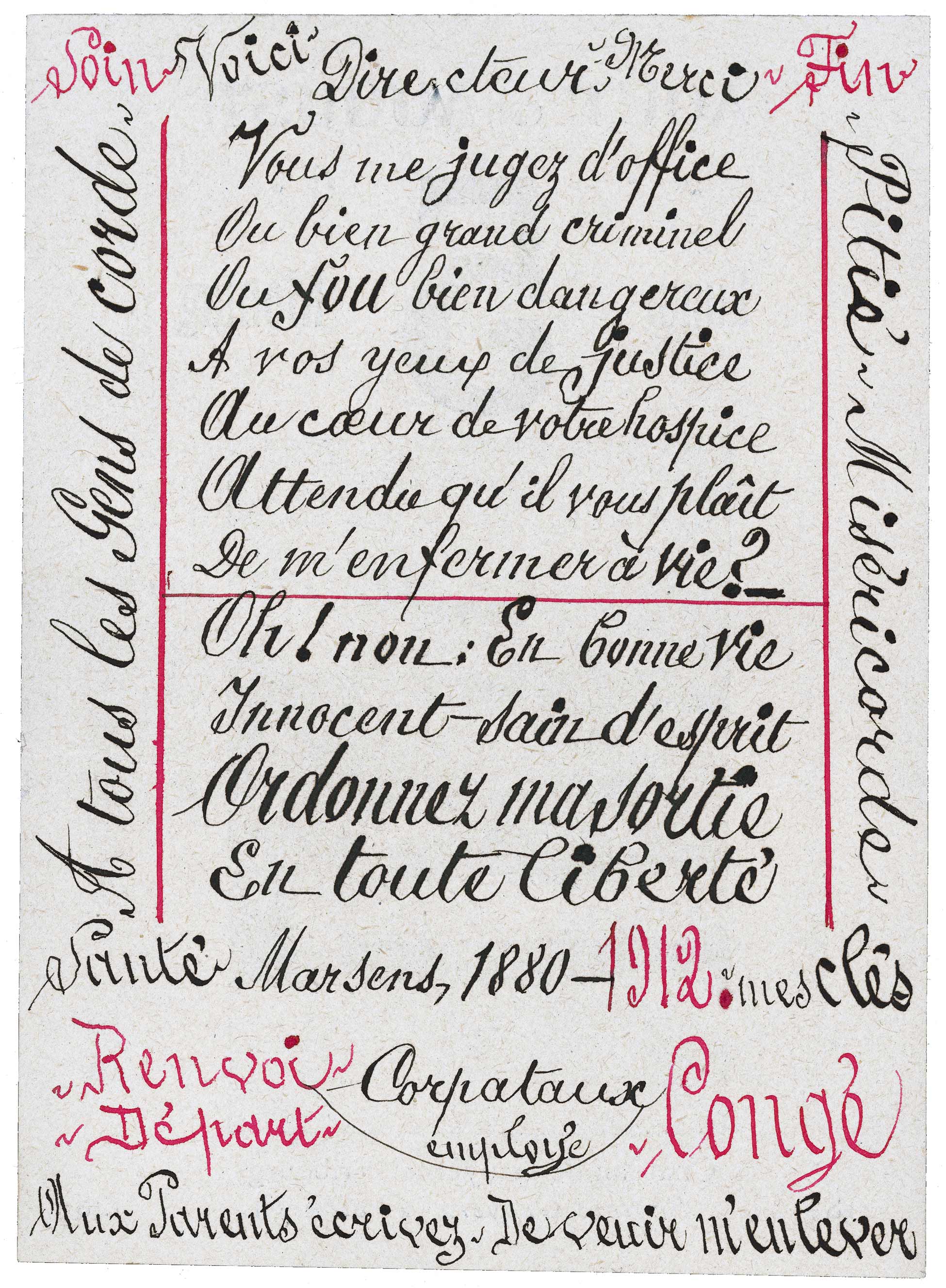 Gaspard Corpataux, sans titre, 1912, encre de Chine sur papier (dos d'un feuillet de calendrier), Cab-14813, collection de l'Art Brut de Lausanne, exposition Ecrits d'Art Brut, Fondation Jan Michalski pour l'écriture et la littérature, Montricher, Suisse, 2026, (c) Collection de l'Art Brut, (c) Fondation Jan Michalski, Boombartstic Art Magazine