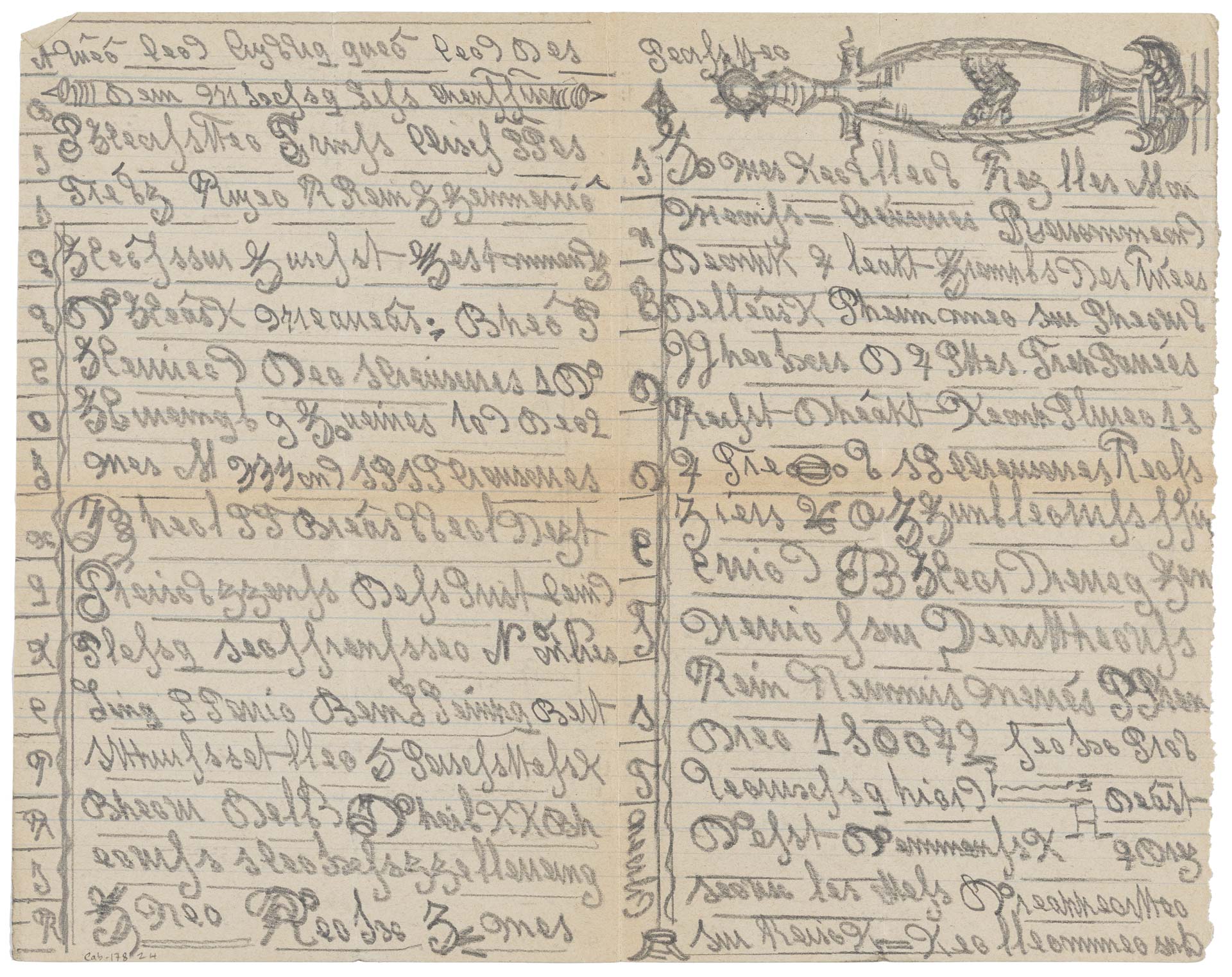 Jean Marchand, sans titre, entre 1868 et 1911, mine de plomb sur papier, Cab-17824, Collection de l'Art Brut de Lausanne, exposition Ecrits d'Art Brut, Fondation Jan Michalski pour l'écriture et la littérature, Montricher, 2026, (c) Collection de l'Art Brut, (c) Fondation Jan Michalski, Boombartstic Art Magazine