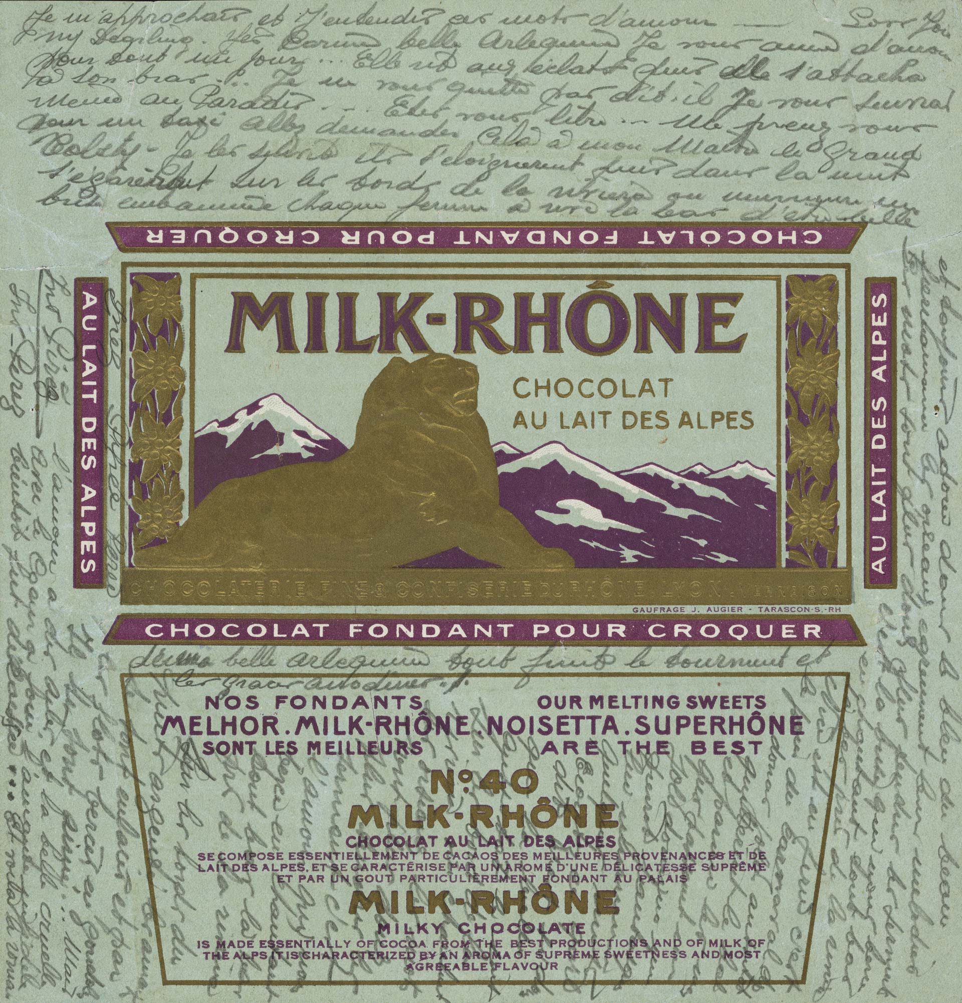 Bertha Elisa Morel, sans titre, mine de plomb sur papier imprimé (emballage de Milk Rhône, chocolat au lait des Alpes, entre 1936 et 1960, Cab-13049, Collection de l'Art Brut de Lausanne, exposition Ecrits d'Art Brut, Fondation Jan Michalski pour l'écriture et la littérature, Montricher, 2026, (c) Collection de l'Art Brut, (c) Fondation Jan Michalski, Boombartstic Art Magazine