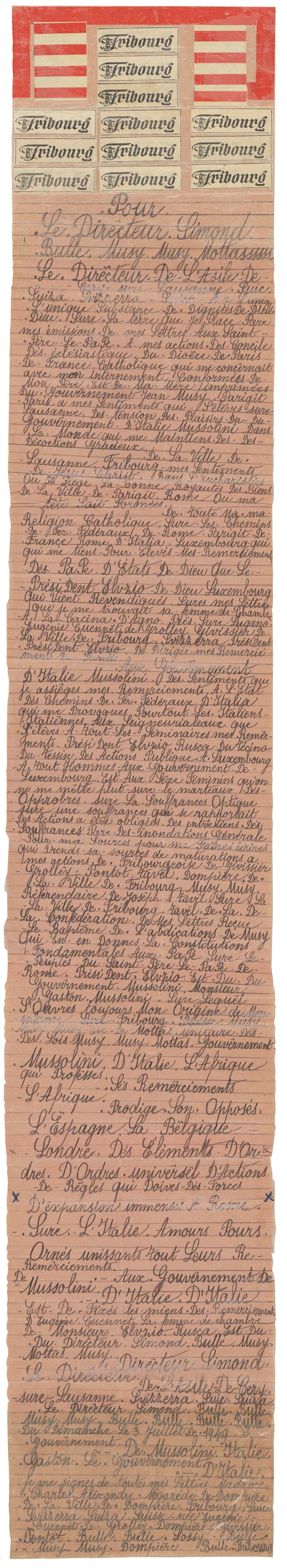 Eugénie Nogarède, sans titre, 1949, mine de plomb, papier imprimé découpé et papier pergamine encollés sur papier, Cab-13380, Collection de l'Art Brut de Lausanne, exposition Ecrits d'Art Brut, Fondation Jan Michalski pour l'écriture te la littérature, Montricher, Suisse, 2026, (c) Collection de l'Art Brut, (c) Fondation Jan Michalski, Boombartstic Art Magazine